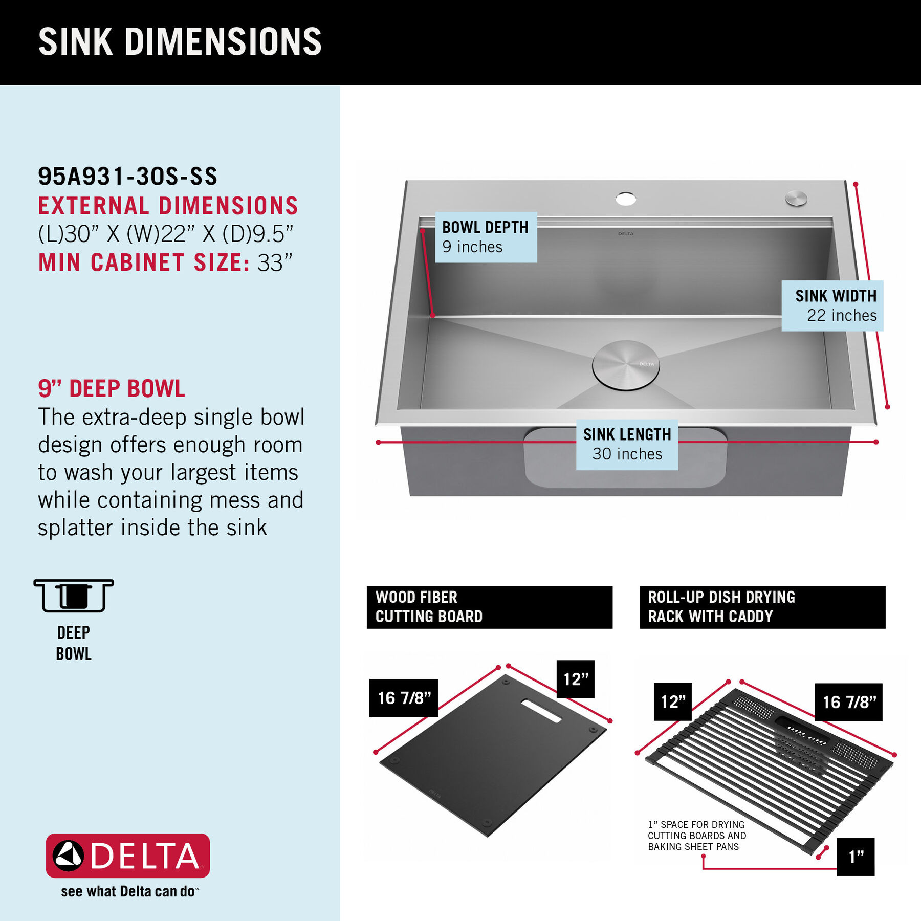 30” Workstation Kitchen Sink Drop-In Top Mount 16 Gauge Stainless Steel Single Bowl with WorkFlow™ Ledge and Accessories, image 6