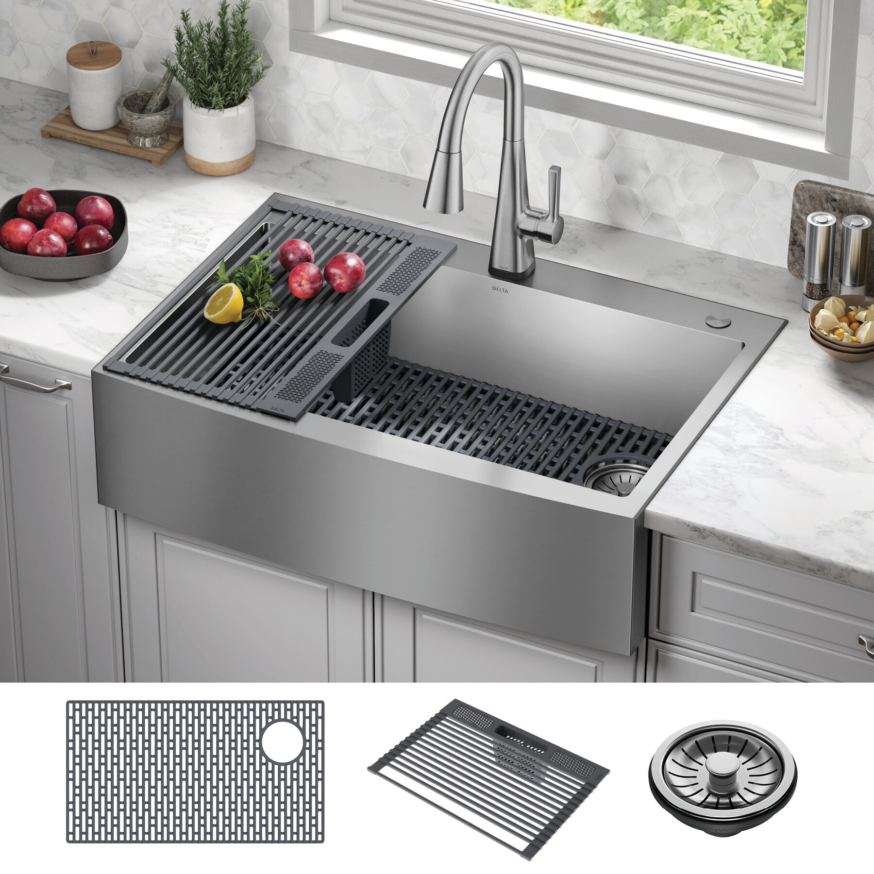 33” Retrofit Farmhouse Apron Front 16 Gauge Stainless Steel Single Bowl Kitchen Sink for Undermount / Drop-In Installation with Accessories, image 13