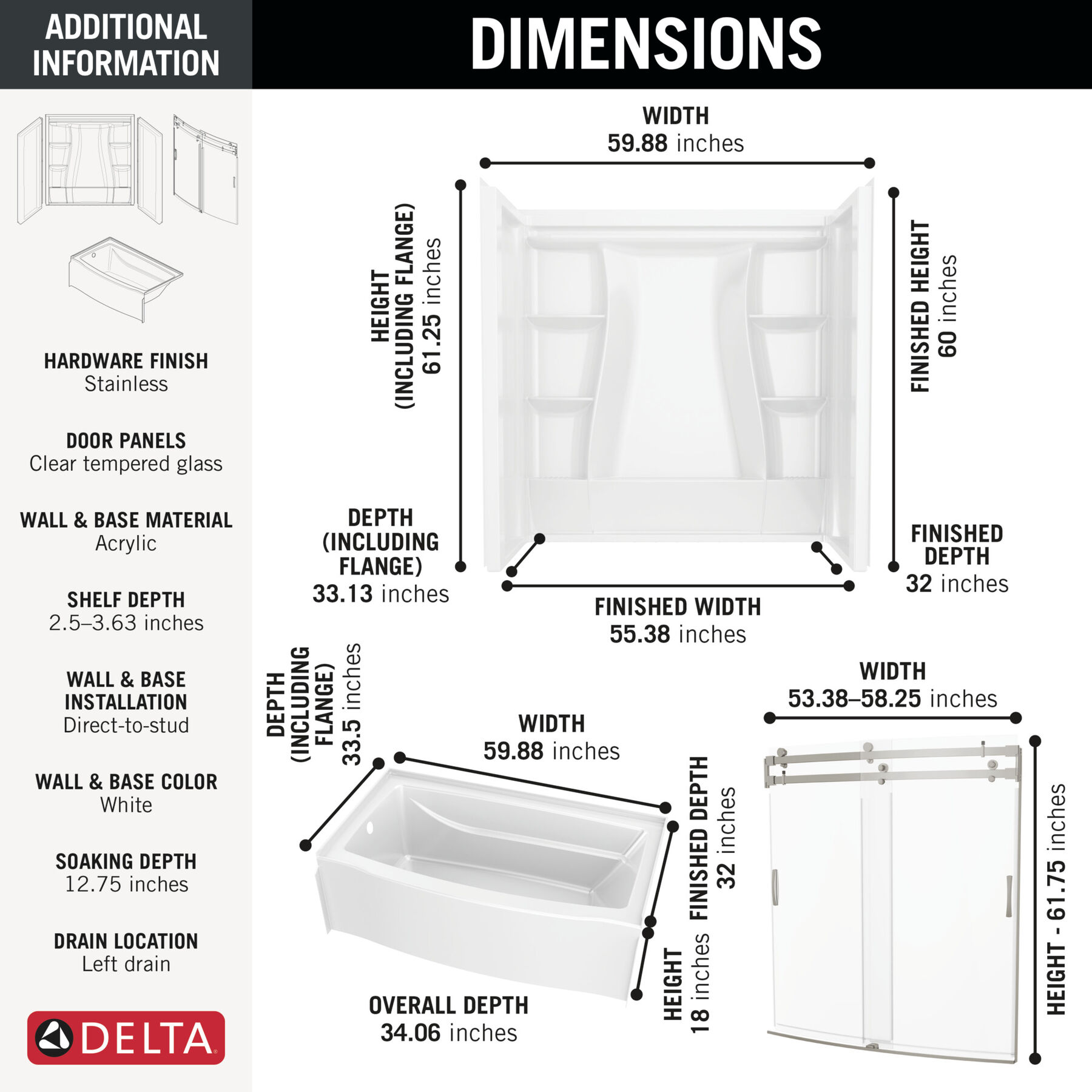 60x32 Alcove Bathtub Bundle with Door - Left Drain, image 1