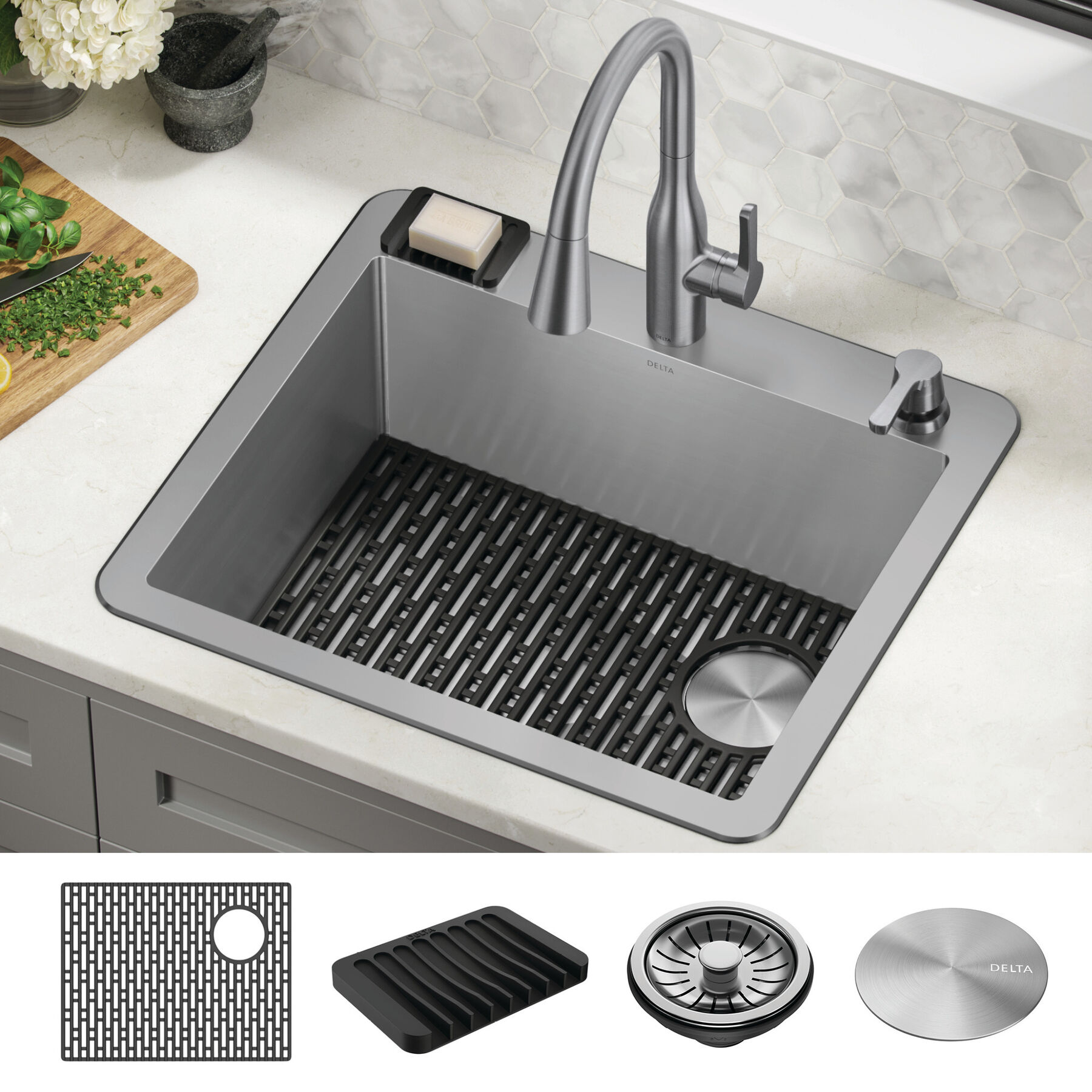 25” Drop-In Undermount Stainless Steel Single Bowl Kitchen Sink with Accessories, image 10