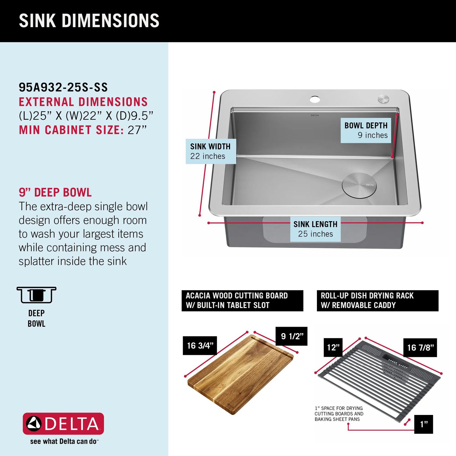 25&rdquo; Workstation Kitchen Sink Drop-In Top Mount Stainless Steel Single Bowl with WorkFlow&trade; Ledge and Accessories