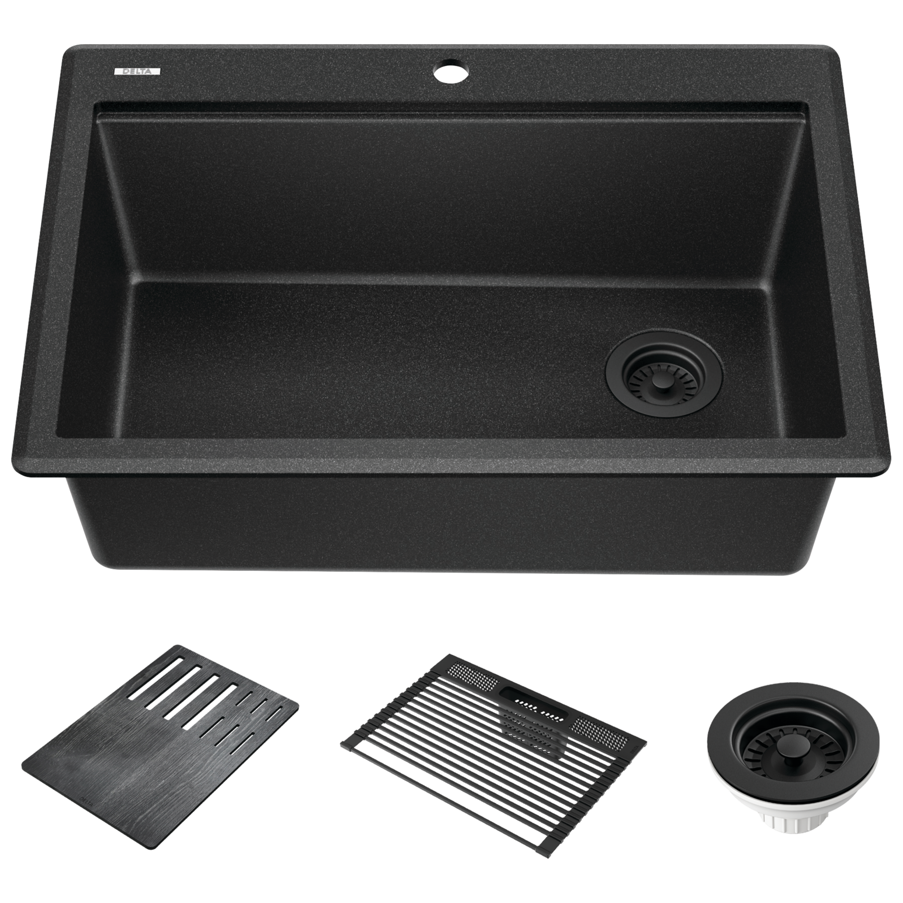 30” Granite Composite Workstation Kitchen Sink Drop-In Top Mount Single Bowl with WorkFlow™ Ledge and Accessories in Black