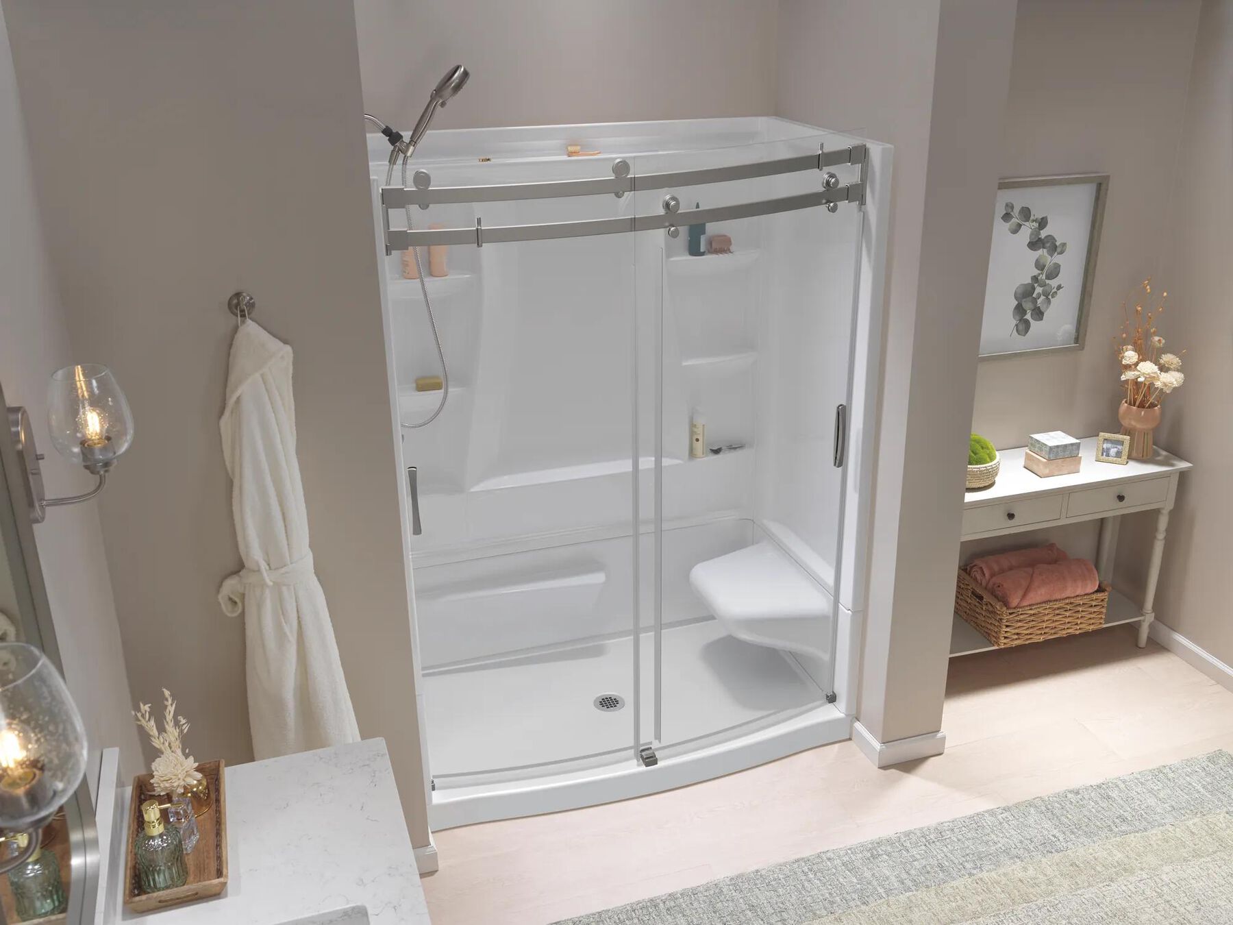 60x32 Alcove Shower Bundle with Door - Right Seat Center Drain Curve