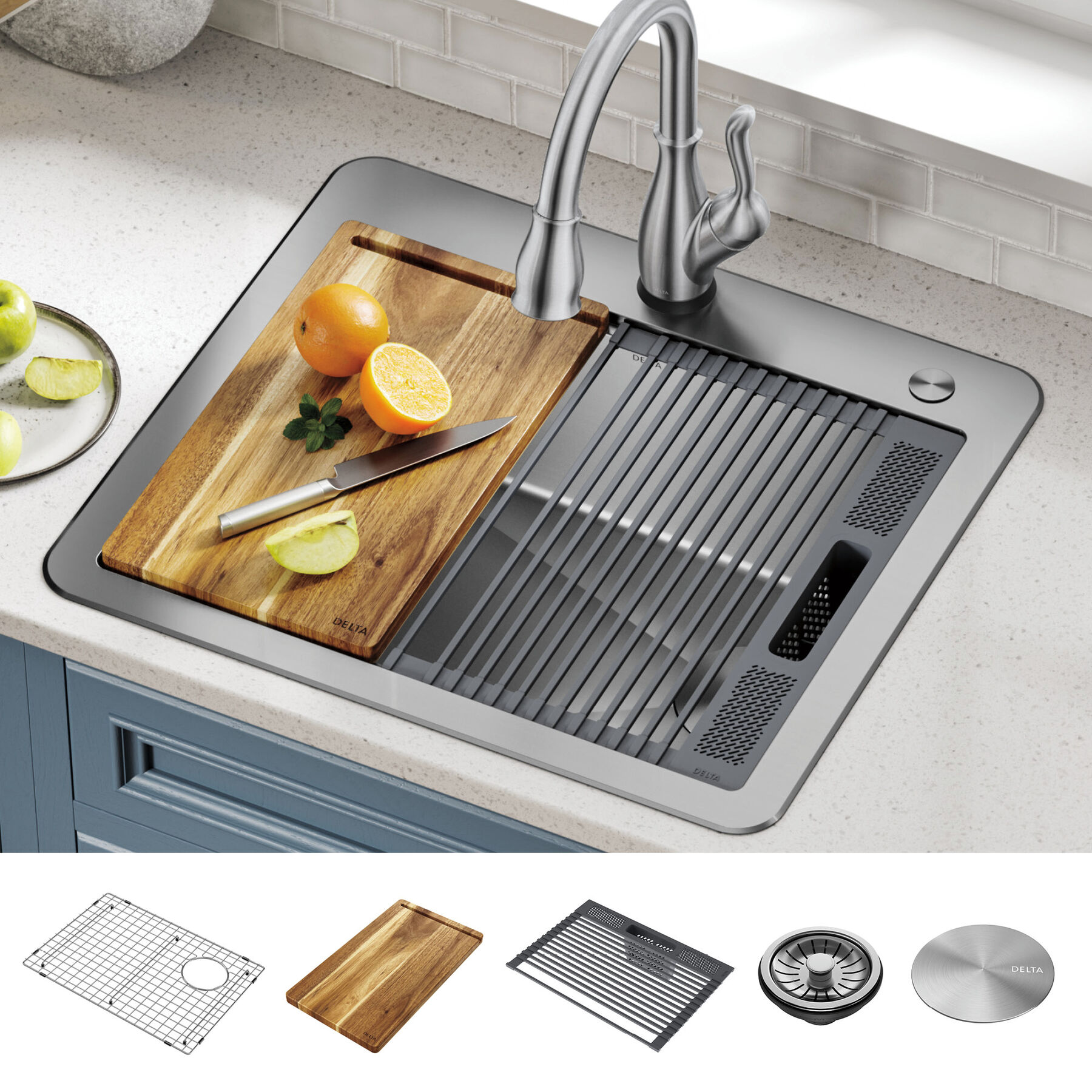 25” Workstation Kitchen Sink Drop-In Top Mount Stainless Steel Single Bowl with WorkFlow™ Ledge and Accessories, image 10