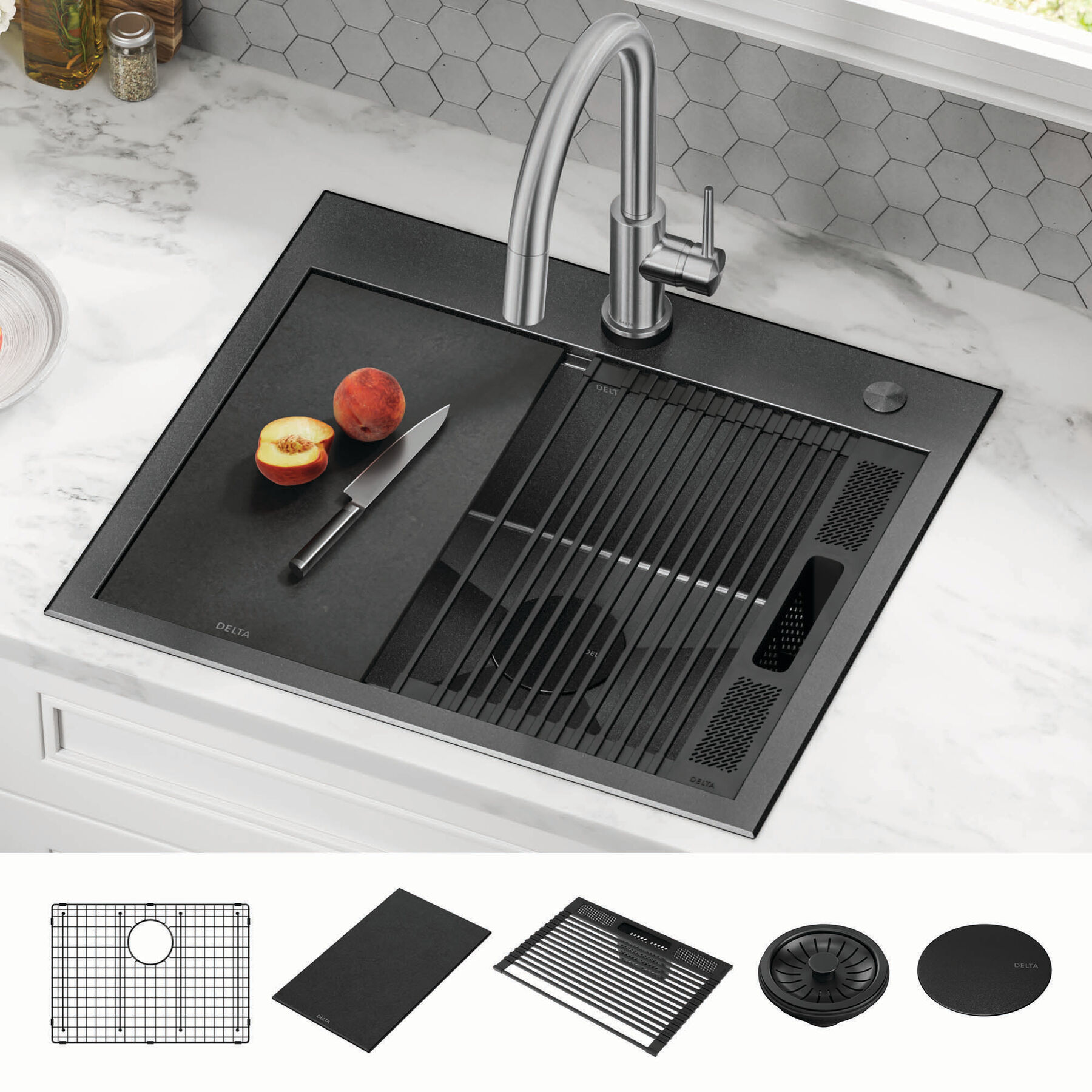 25” Drop-In Top Mount 16 Gauge Workstation Kitchen Sink Single Bowl with WorkFlow™ Ledge and Accessories, image 11