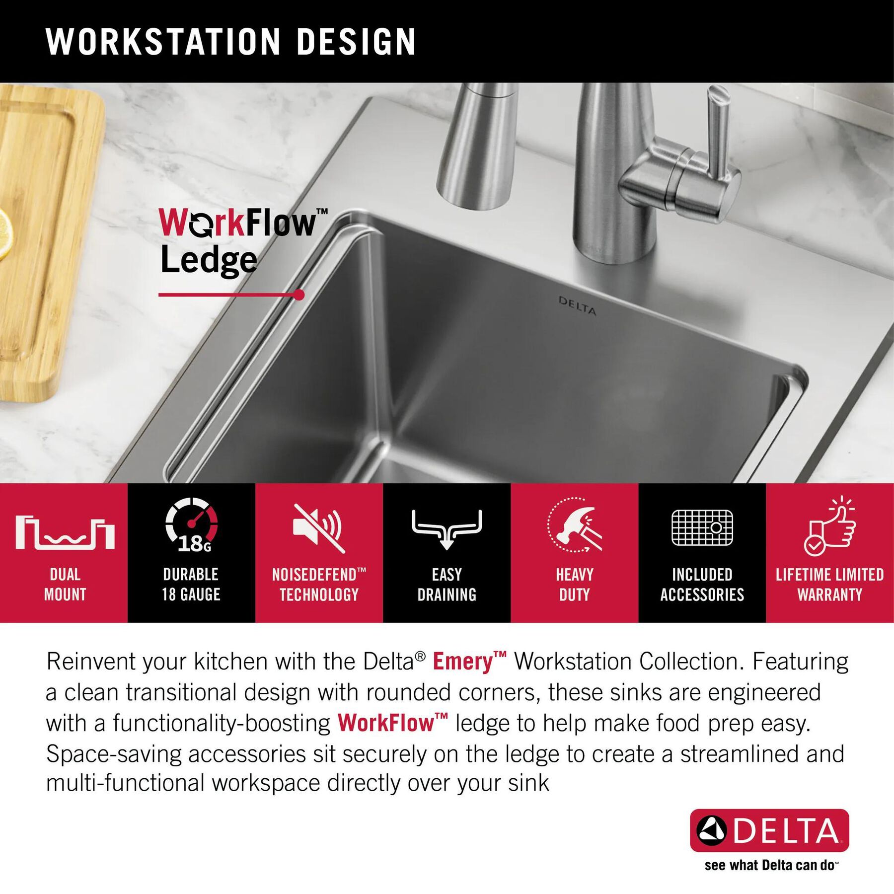 15&rdquo; Stainless Steel Workstation Kitchen Bar Sink Drop-In Undermount Single Bowl with WorkFlow&trade; Ledge and Accessories