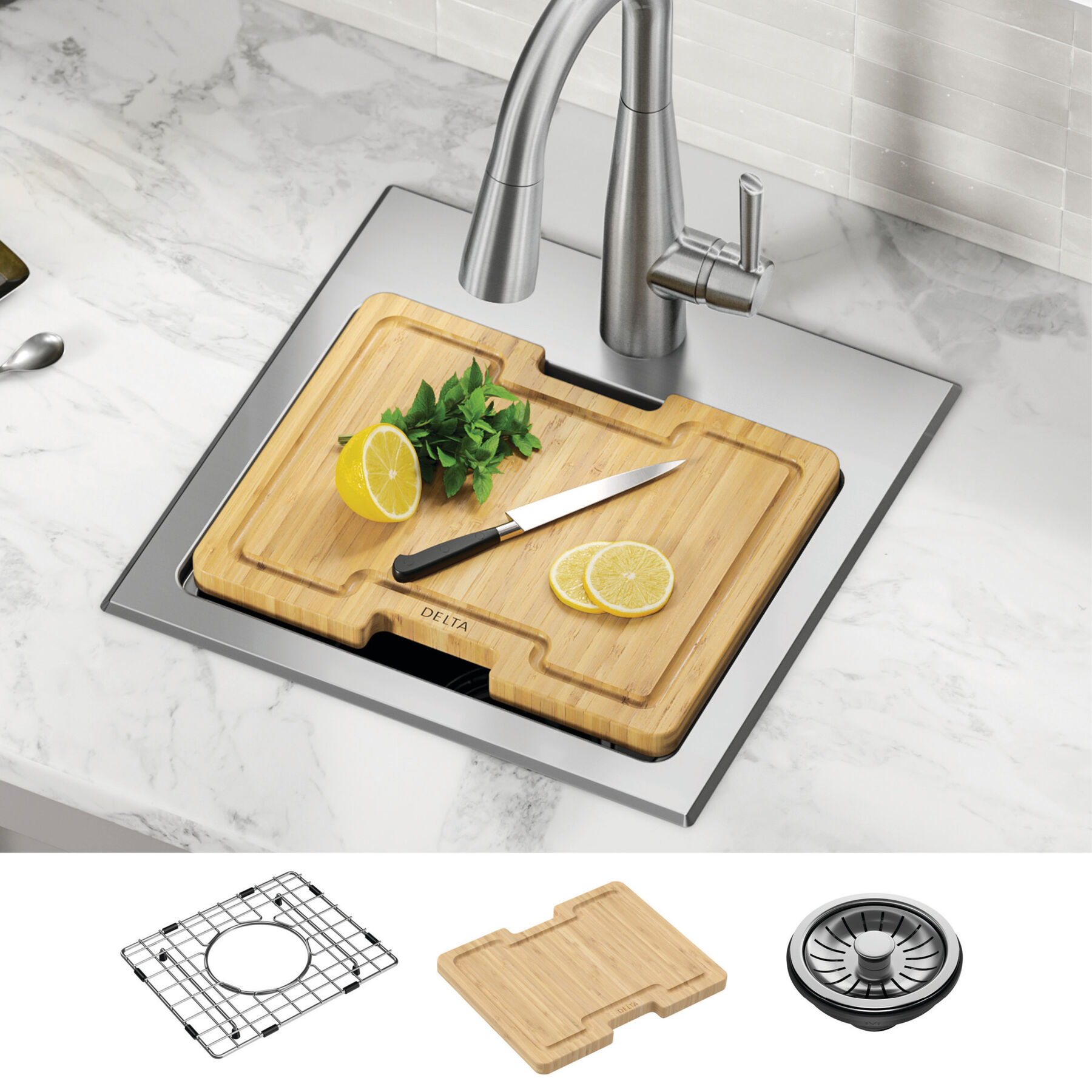15” Stainless Steel Workstation Kitchen Bar Sink Drop-In Undermount Single Bowl with WorkFlow™ Ledge and Accessories, image 11