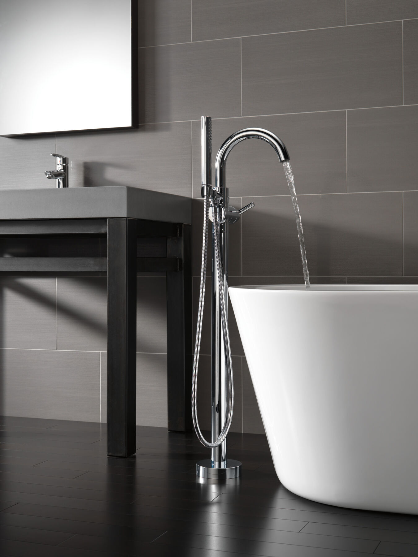 Single Handle Floor Mount Tub Filler Trim with Hand Shower, image 5