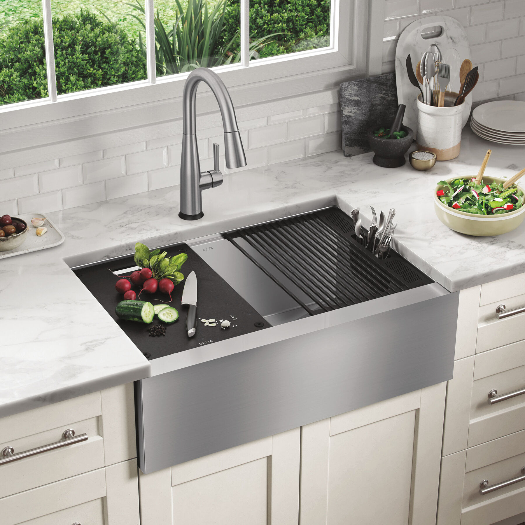 30” Workstation Undermount Single Bowl 16 Gauge Stainless Steel Farmhouse Apron Front Kitchen Sink with WorkFlow™ Ledge and Accessories, image 15