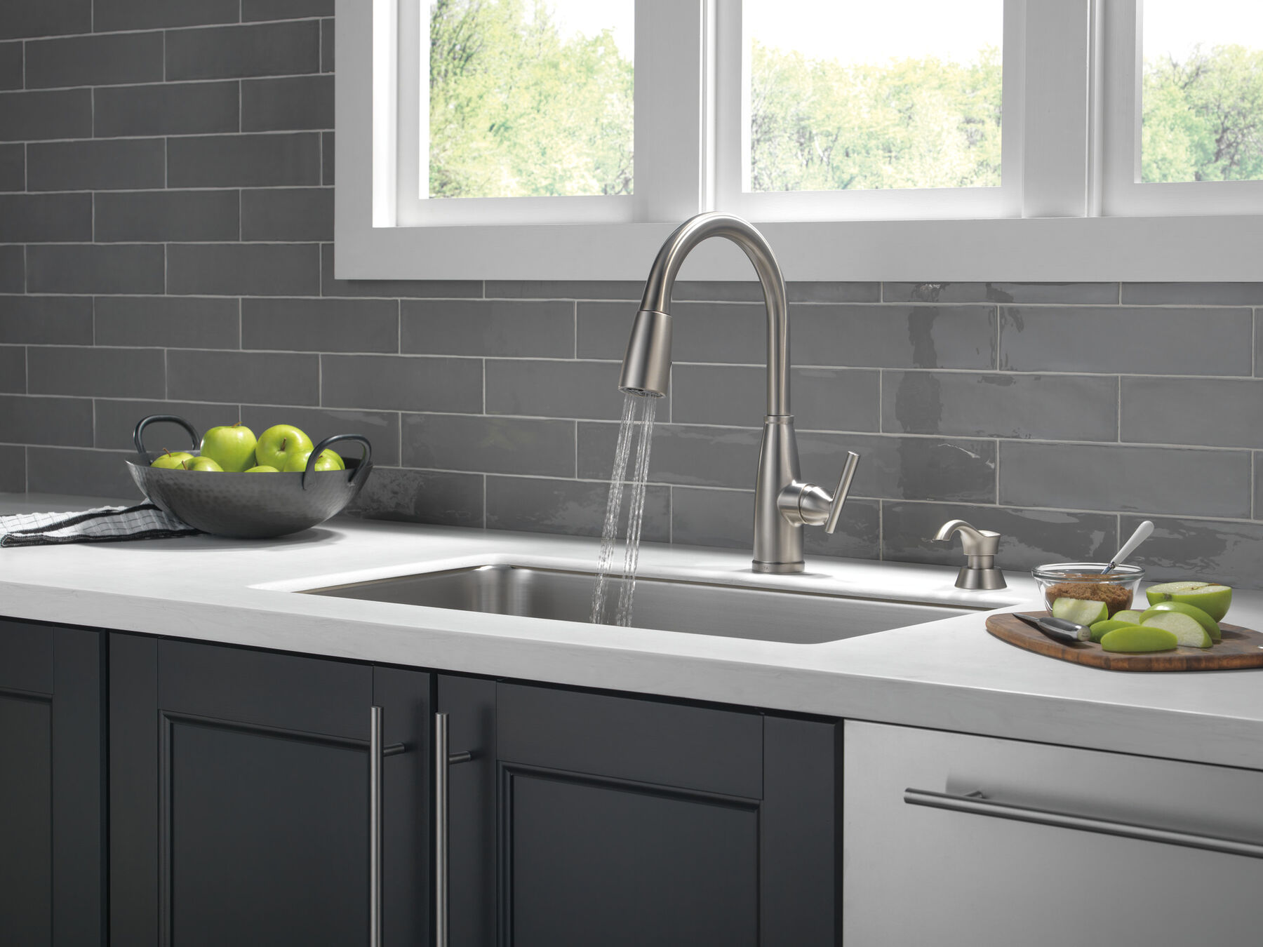 Single Handle Pull-Down Kitchen Faucet with Soap Dispenser and ShieldSpray Technology, image 5