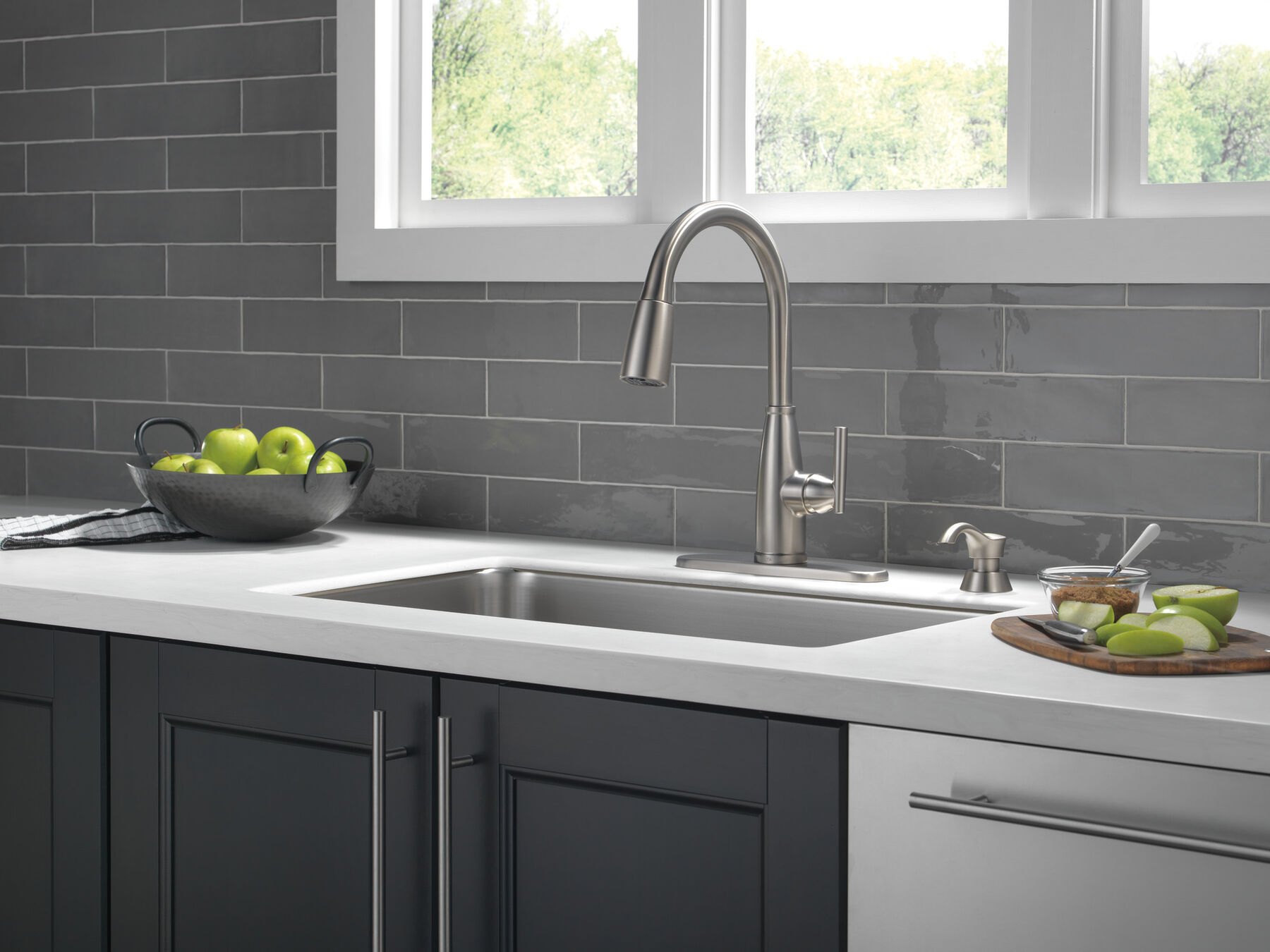 Single Handle Pull-Down Kitchen Faucet with Soap Dispenser and ShieldSpray Technology, image 2
