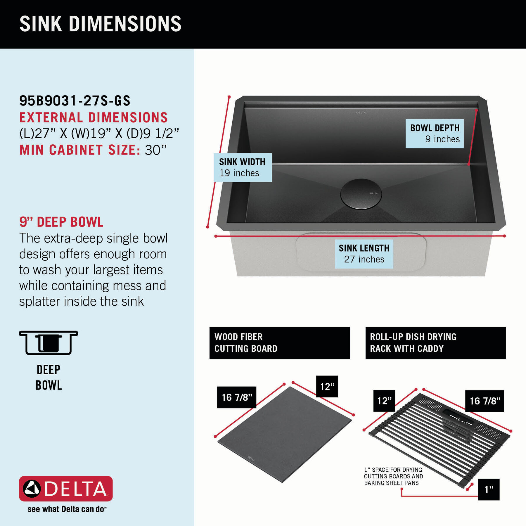27” Undermount 16 Gauge Workstation Kitchen Sink Single Bowl with WorkFlow™ Ledge and Accessories, image 9