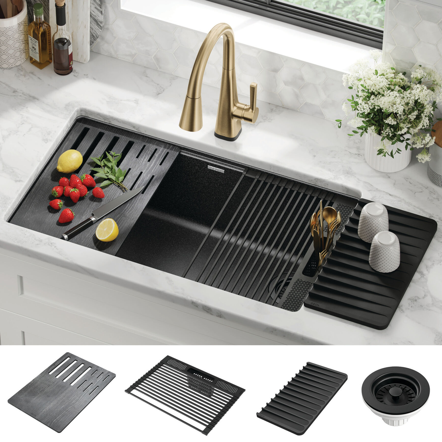32” Granite Composite Workstation Kitchen Sink Undermount Single Bowl with WorkFlow™ Ledge and Accessories, image 9