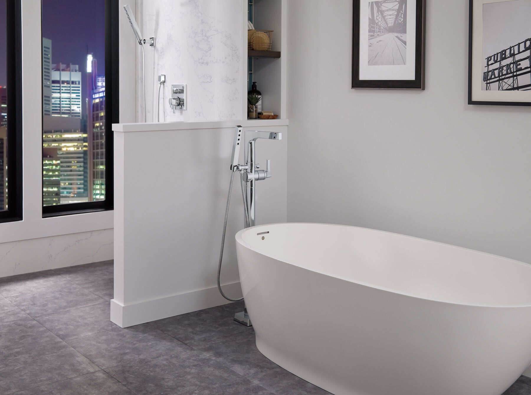Single Handle Floor Mount Tub Filler Trim with Hand Shower, image 18