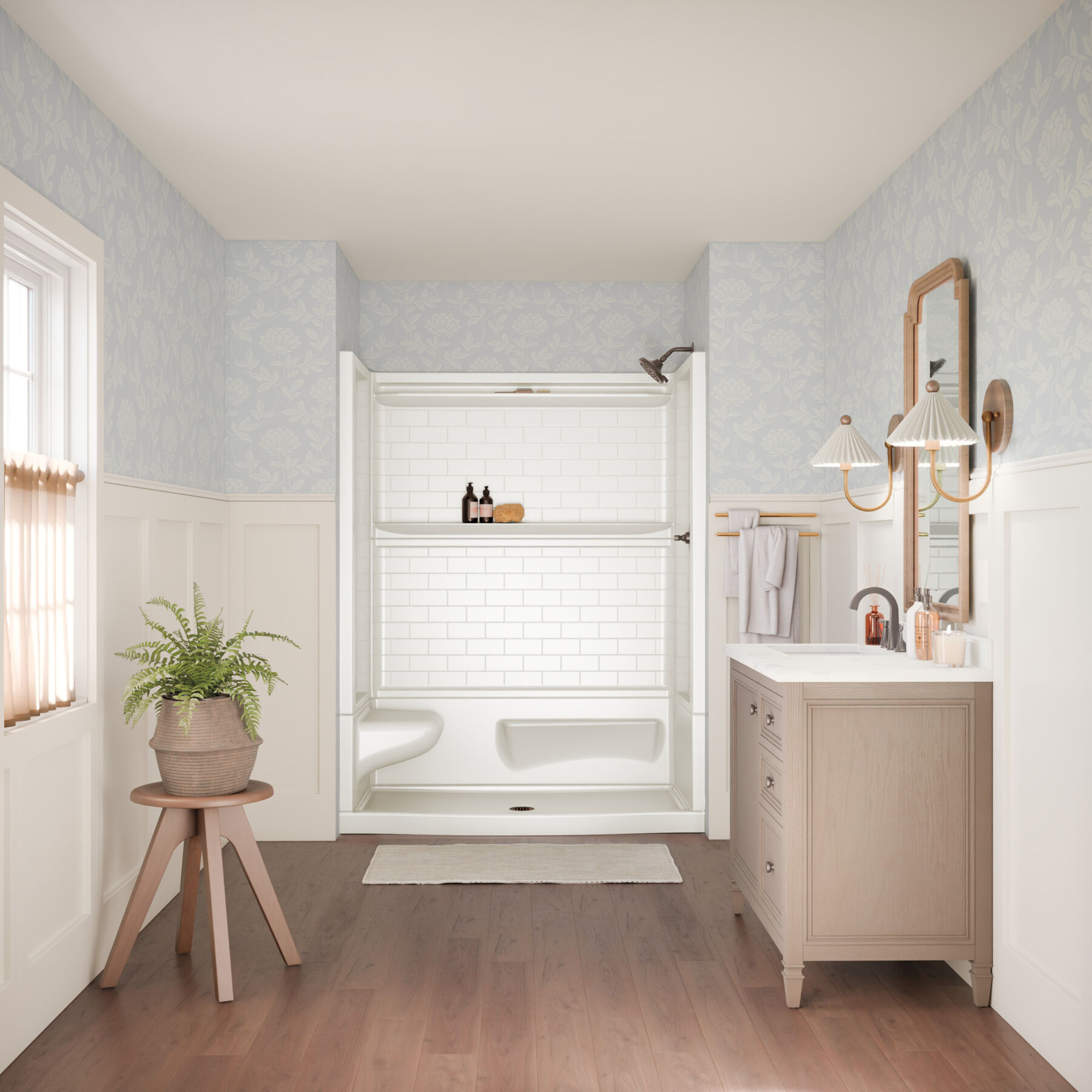60x32 Alcove Shower Base with Tile Wall Bundle  - Left Seat Center Drain Curve, image 2