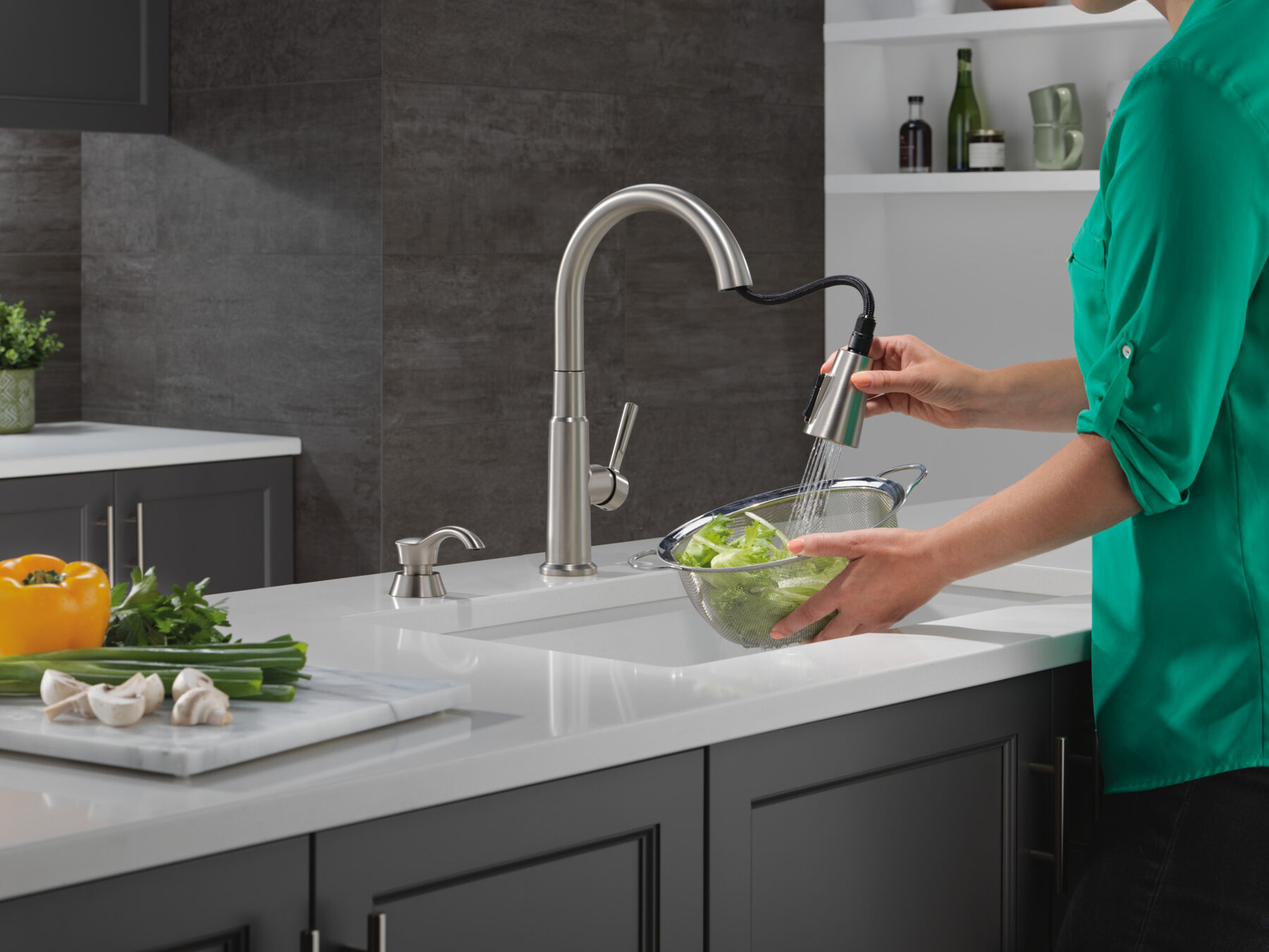 Single Handle Pull-Down Kitchen Faucet with Soap Dispenser and ShieldSpray® Technology, image 4