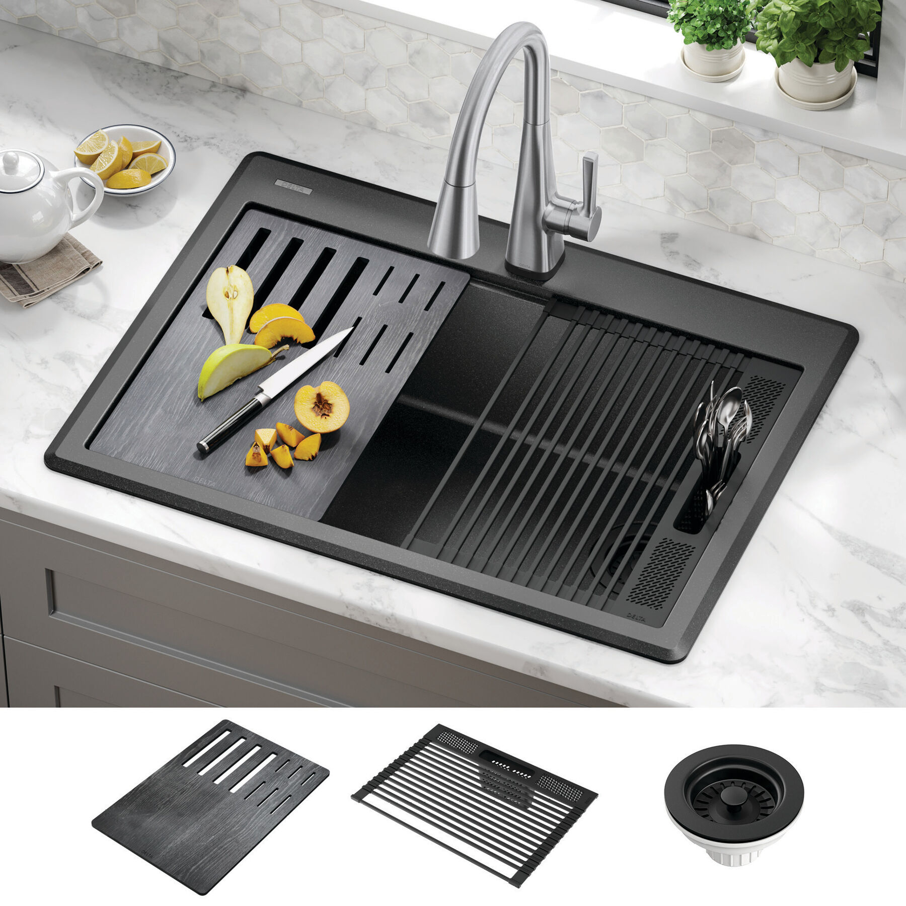 30” Granite Composite Workstation Kitchen Sink Drop-In Top Mount Single Bowl with WorkFlow™ Ledge and Accessories in Black, image 11