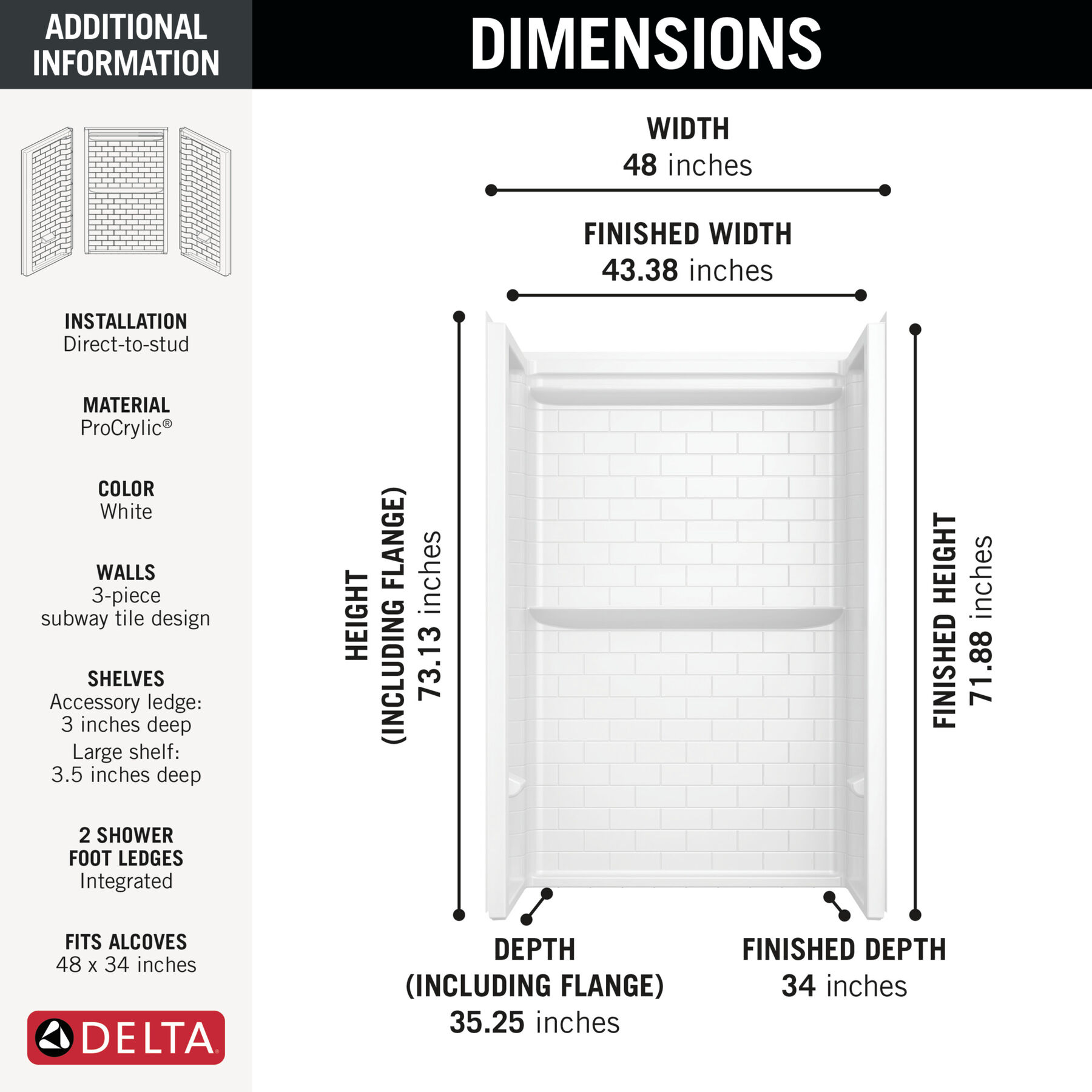 ProCrylic Tile 48 in. x 34 in. Shower Wall