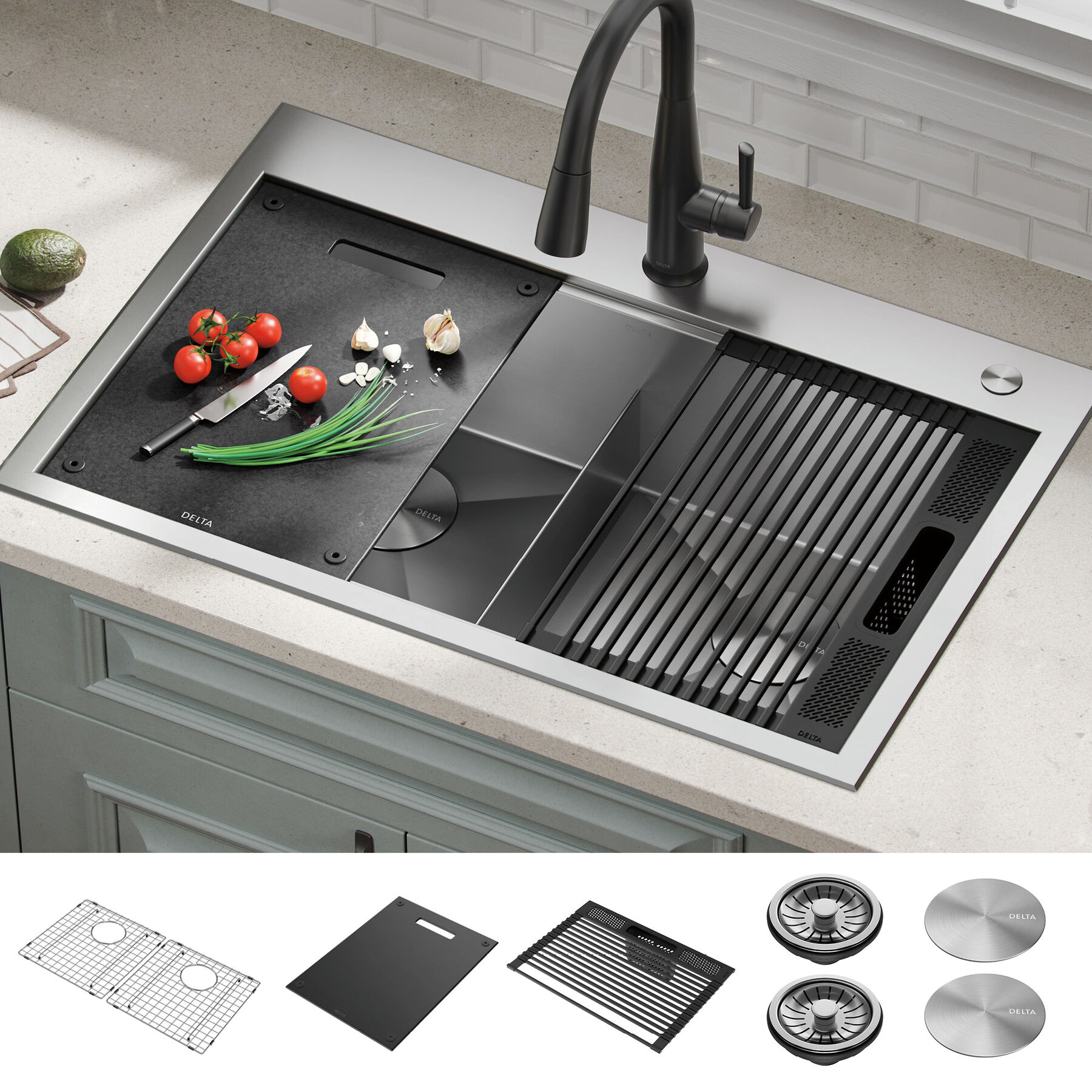 33” Workstation Kitchen Sink Drop-In Top Mount 16 Gauge Stainless Steel 50/50 Double Bowl with WorkFlow™ Ledge and Accessories, image 10