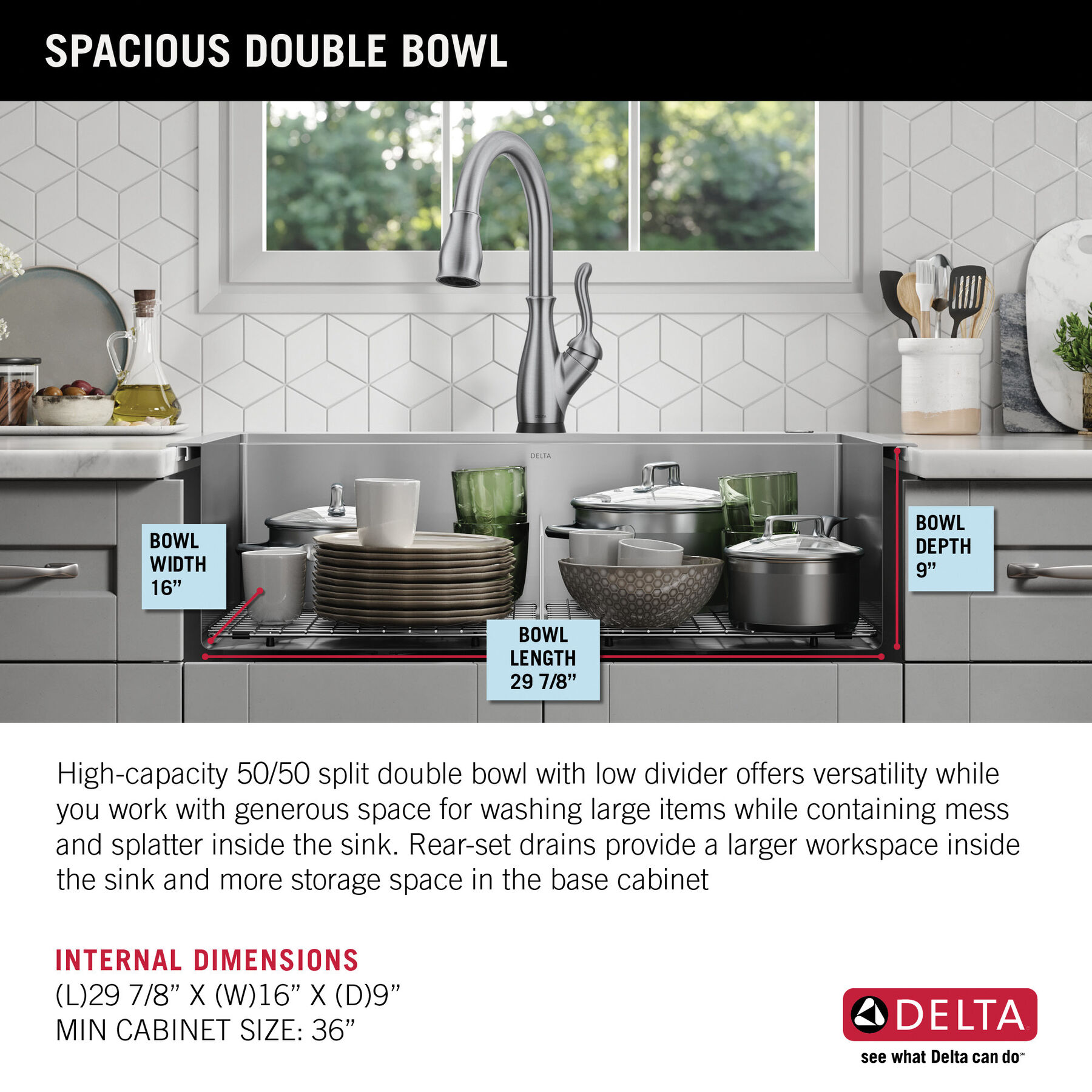 33” Workstation Drop-In Top Mount Double Bowl 16 Gauge Stainless Steel Kitchen Sink with WorkFlow™ Ledge and Accessories, image 4