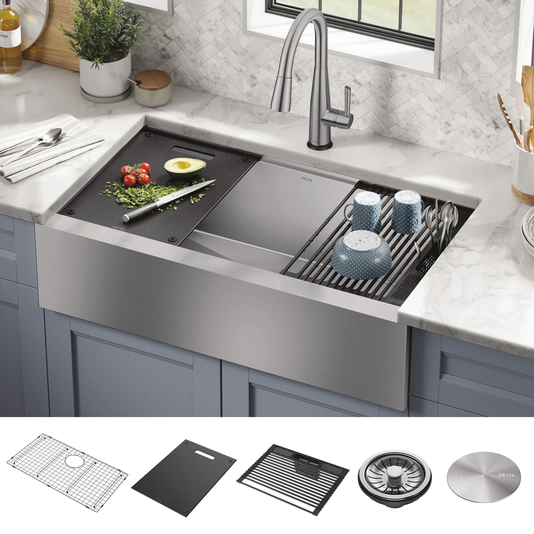 36” Workstation Undermount Single Bowl 16 Gauge Stainless Steel Farmhouse Apron Front Kitchen Sink with WorkFlow™ Ledge and Accessories, image 11