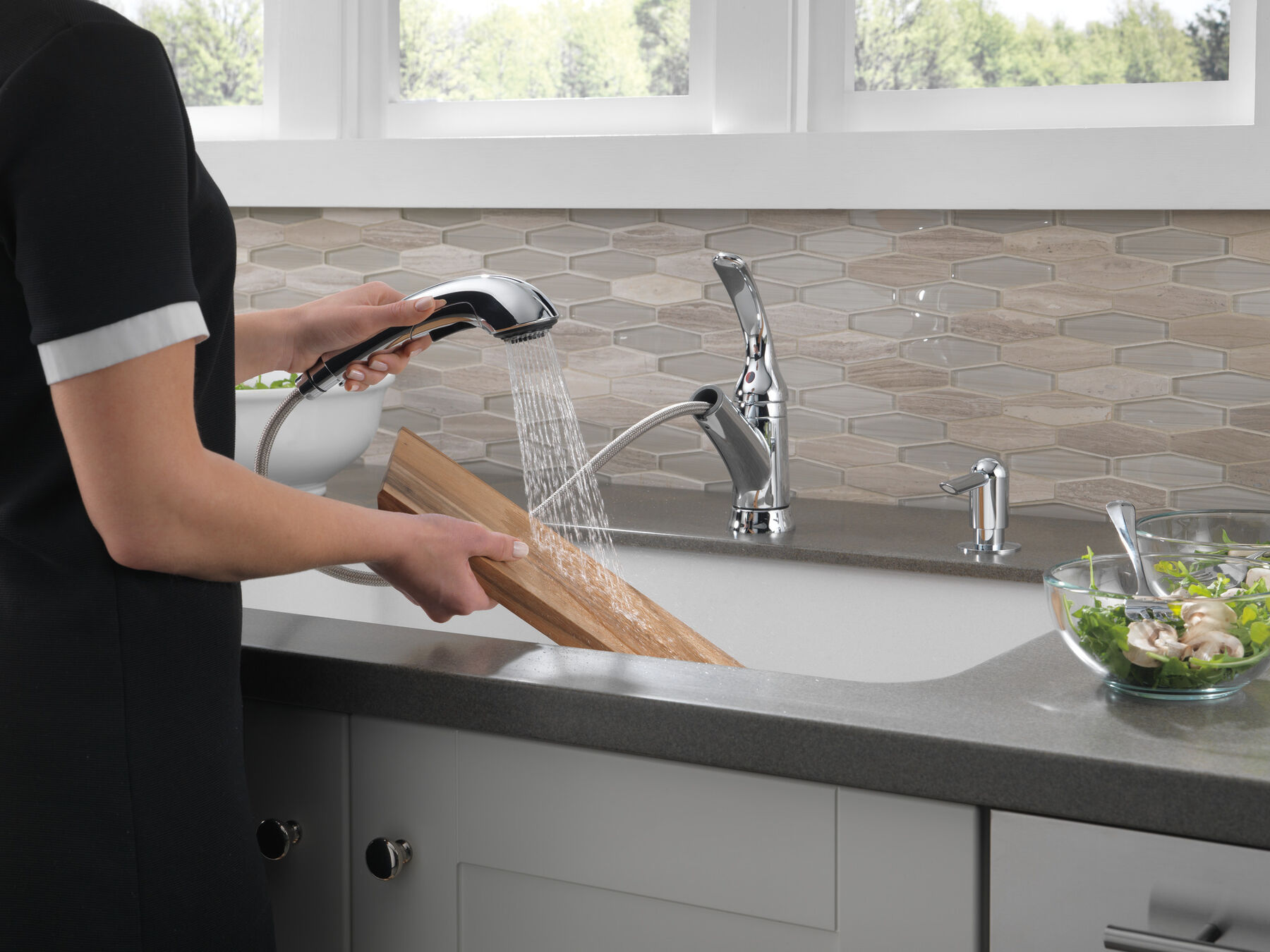 Single Handle Pull-Out Kitchen Faucet with Soap Dispenser, image 3
