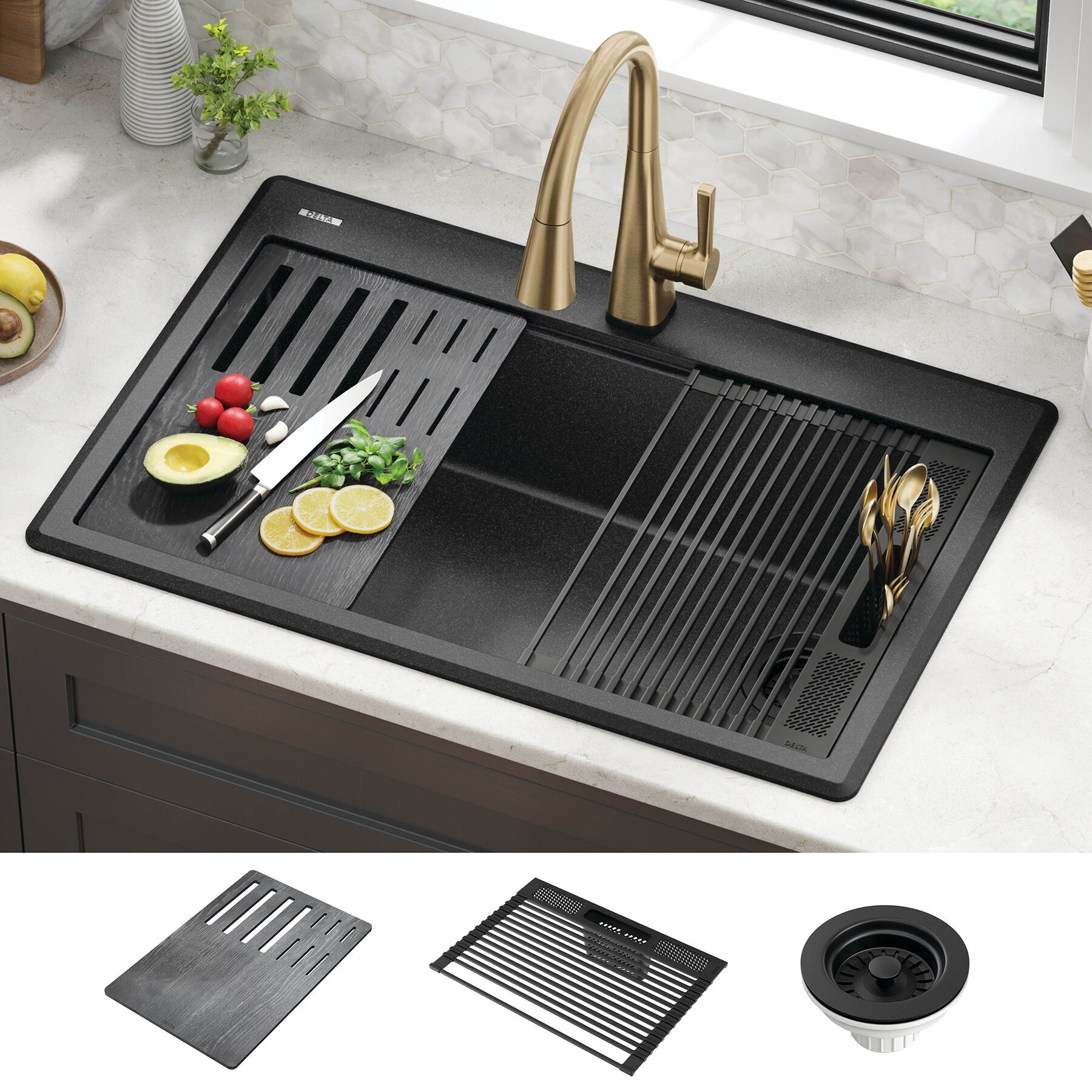 33” Granite Composite Workstation Kitchen Sink Drop-In Top Mount Single Bowl with WorkFlow™ Ledge and Accessories, image 9