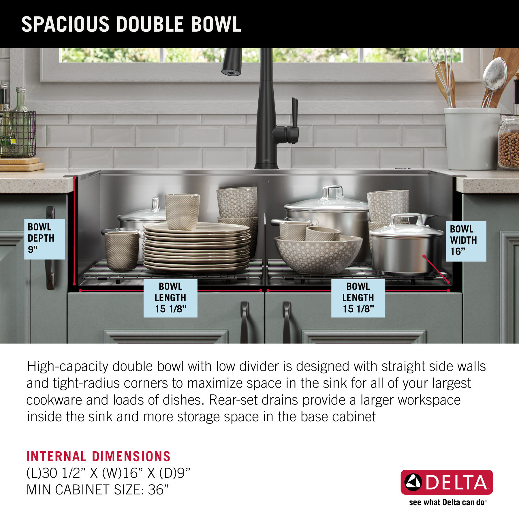 33” Workstation Kitchen Sink Drop-In Top Mount 16 Gauge Stainless Steel 50/50 Double Bowl with WorkFlow™ Ledge and Accessories, image 3