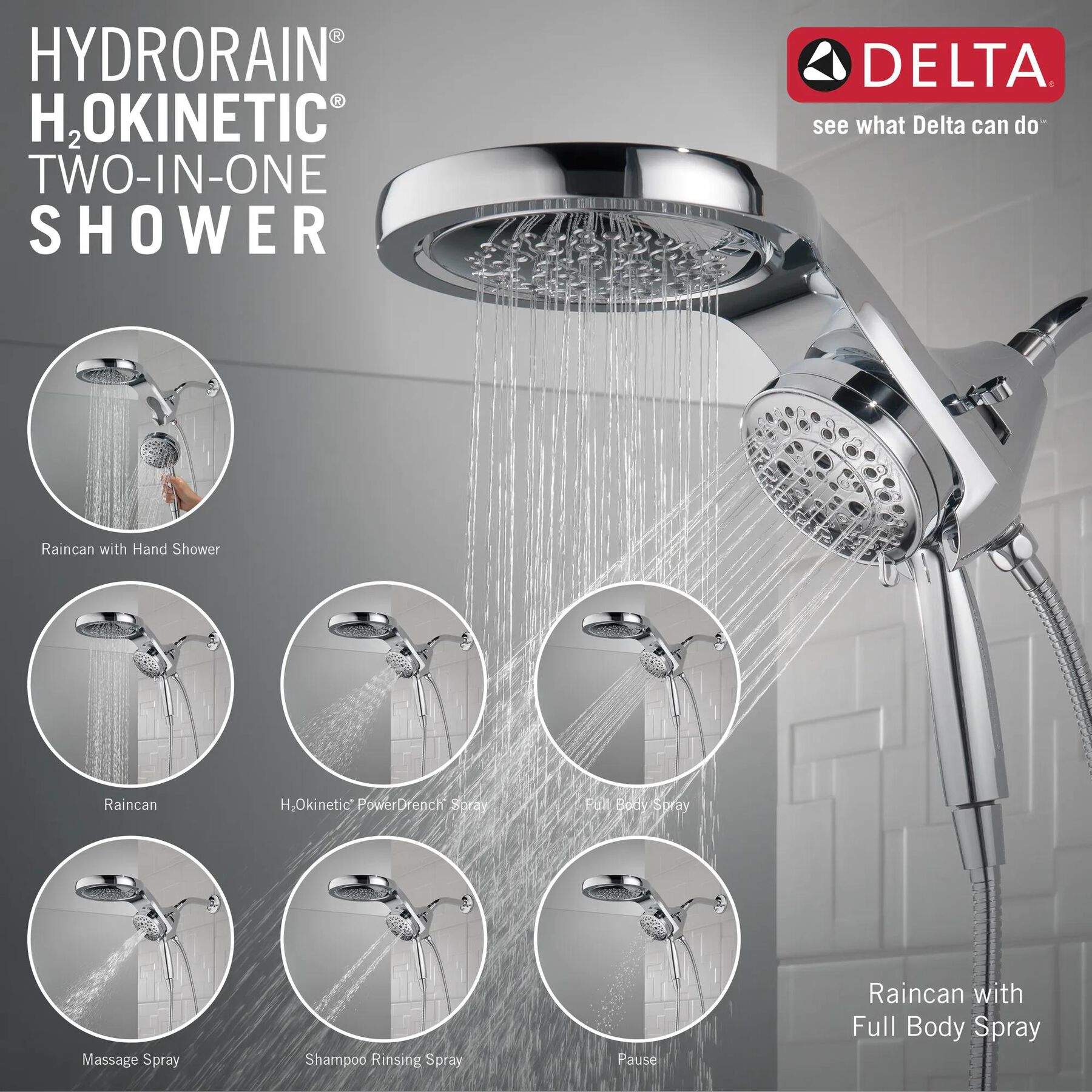 HydroRain&reg; H<sub>2</sub>Okinetic&reg; 5-Setting Two-in-One Shower Head