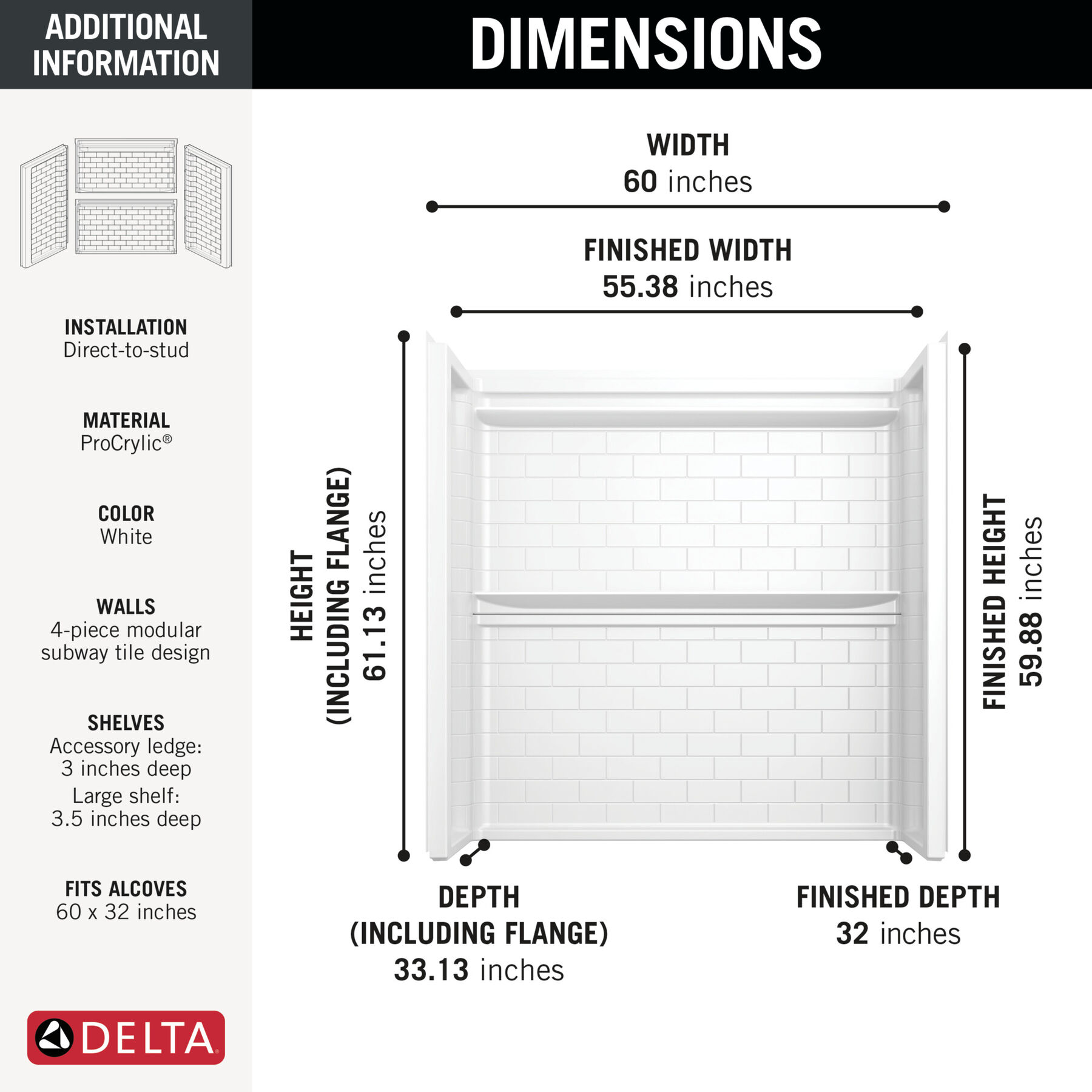 ProCrylic Tile 60 in. x 32 in. Bathtub Wall