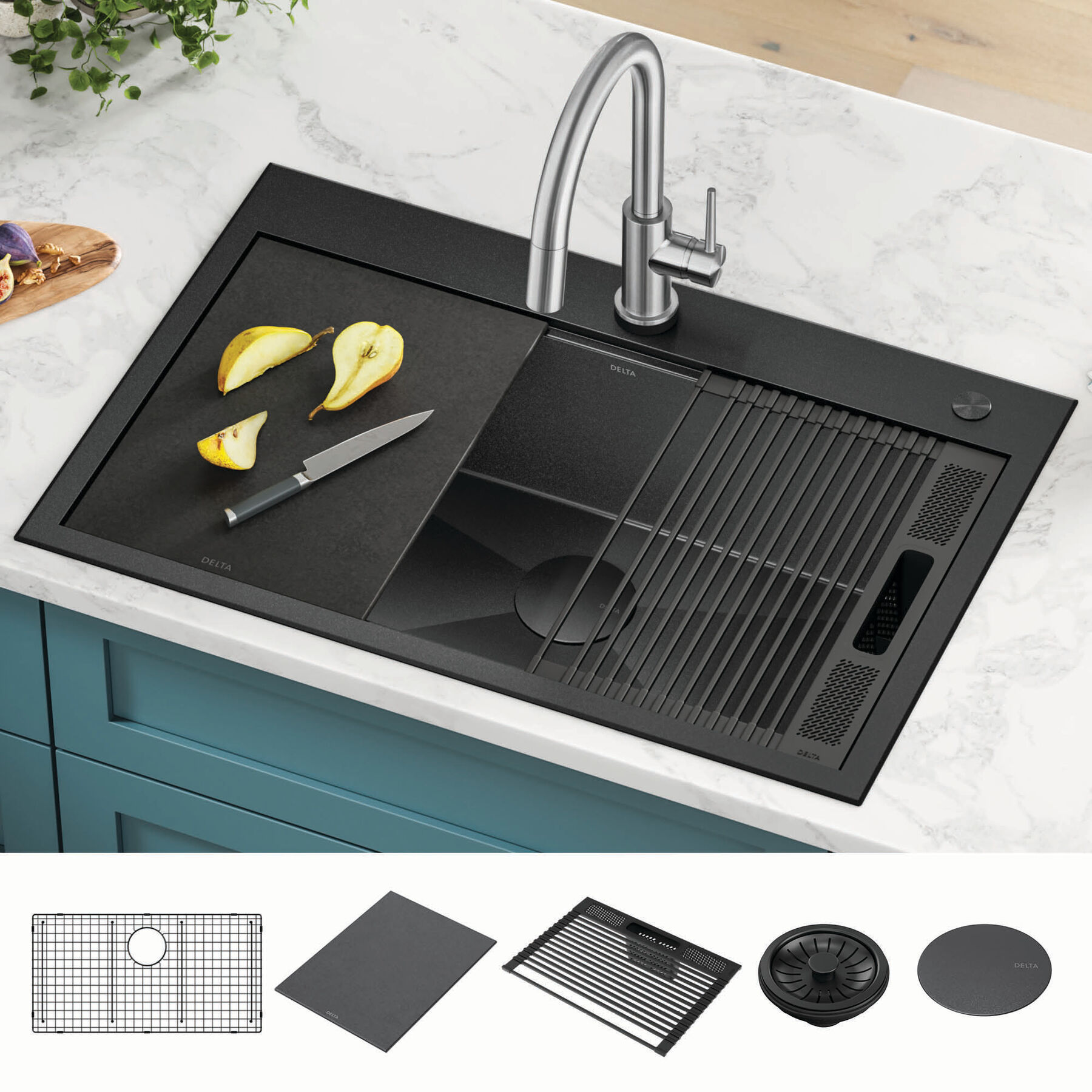 33” Drop-In Top Mount 16 Gauge Workstation Kitchen Sink Single Bowl with WorkFlow™ Ledge and Accessories, image 11
