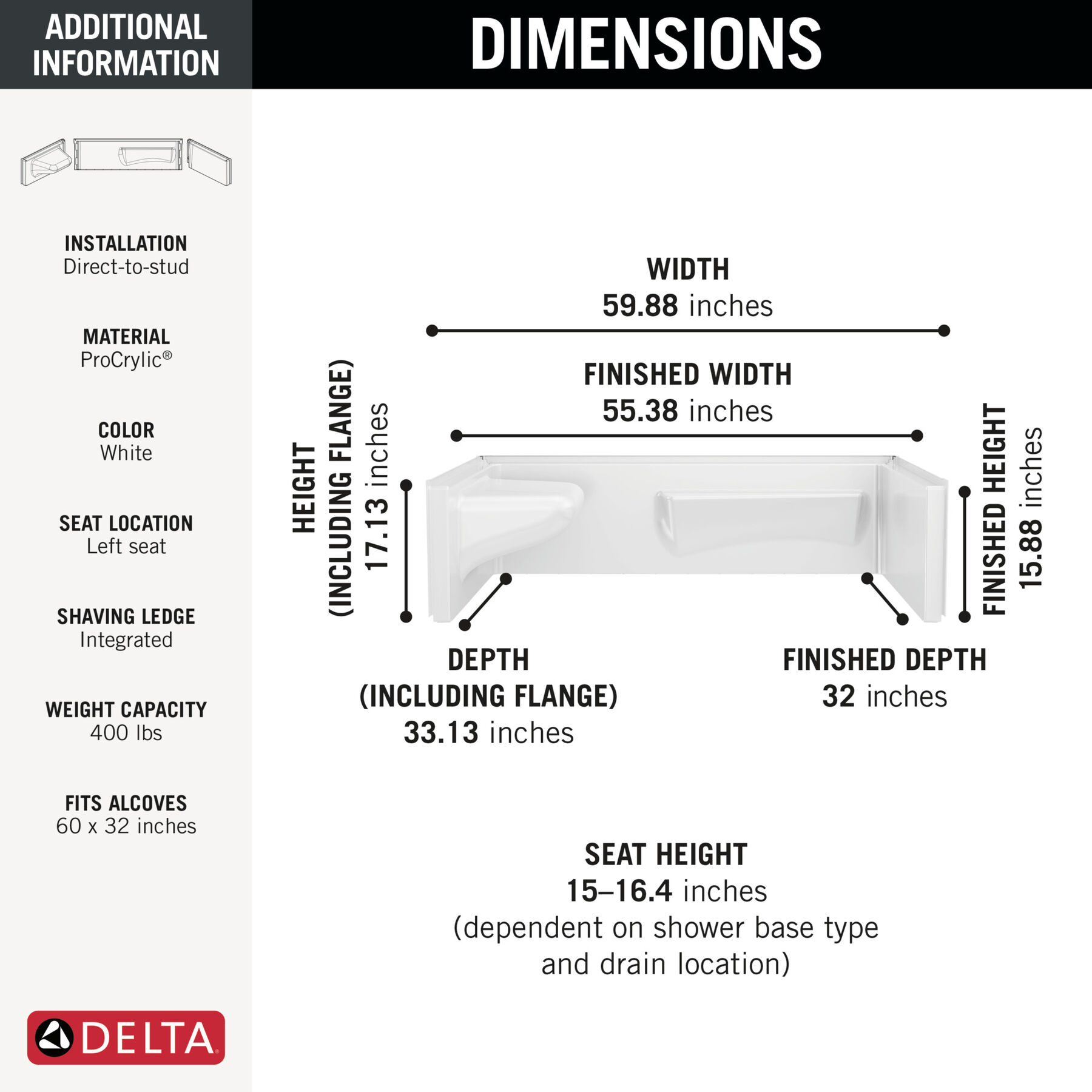 Procrylic Seated Shower Kit 60"x32" Right Drain
