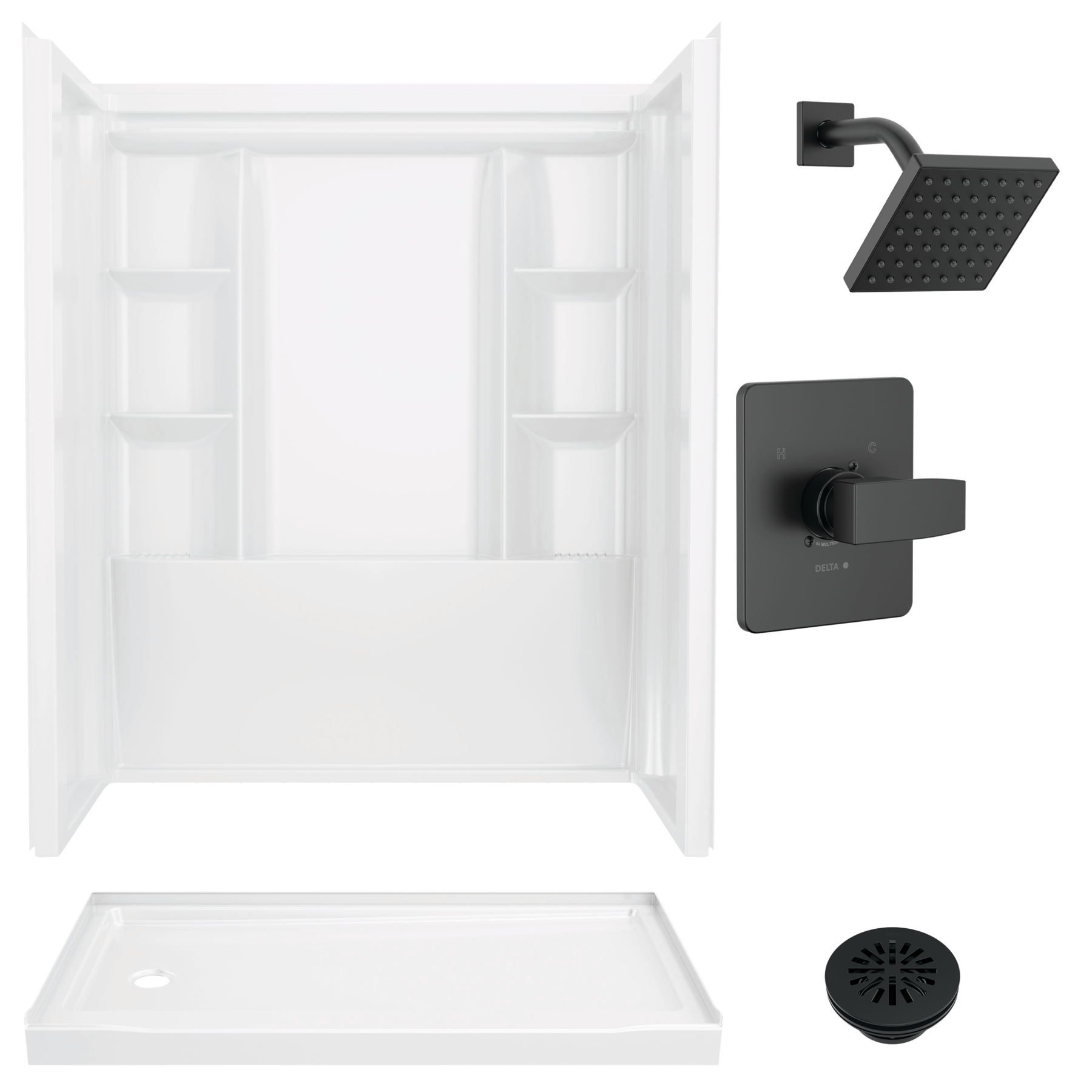 60x32 Alcove Shower Bundle with Trim and Drain - Left Drain