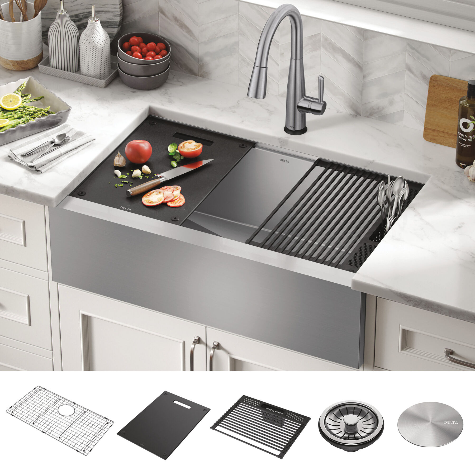 33” Workstation Undermount Single Bowl 16 Gauge Stainless Steel Farmhouse Apron Front Kitchen Sink with WorkFlow™ Ledge and Accessories, image 11