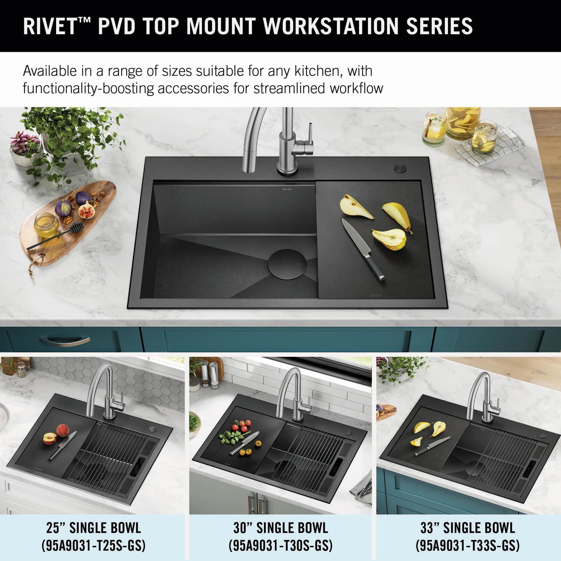 25&rdquo; Drop-In Top Mount&nbsp;16 Gauge Workstation Kitchen Sink Single Bowl&nbsp;with WorkFlow&trade; Ledge and Accessories