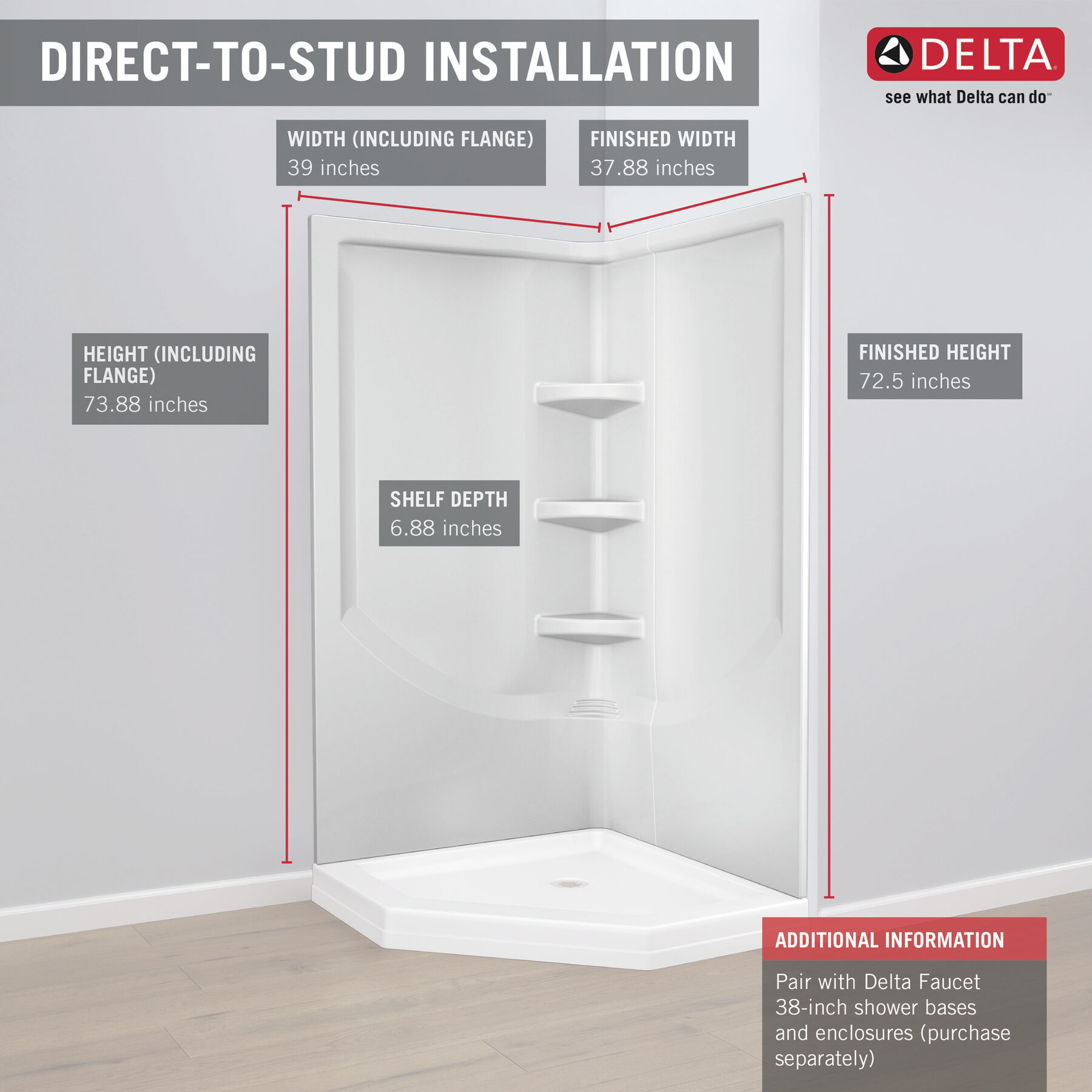 38'' Direct-to-Stud Corner Shower Wall Set, image 28