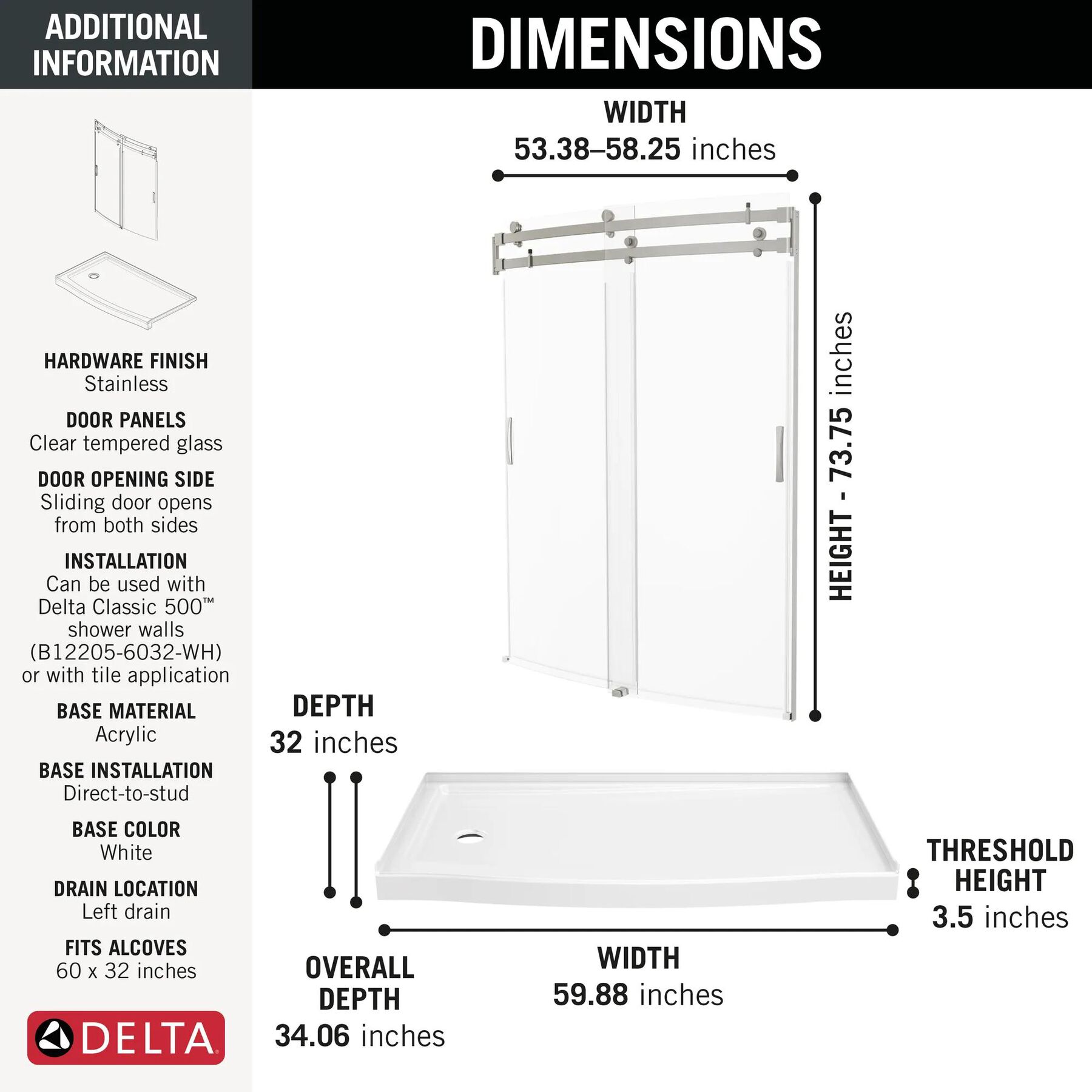 60x32 Alcove Shower Base with Door Bundle - Left Drain Curve