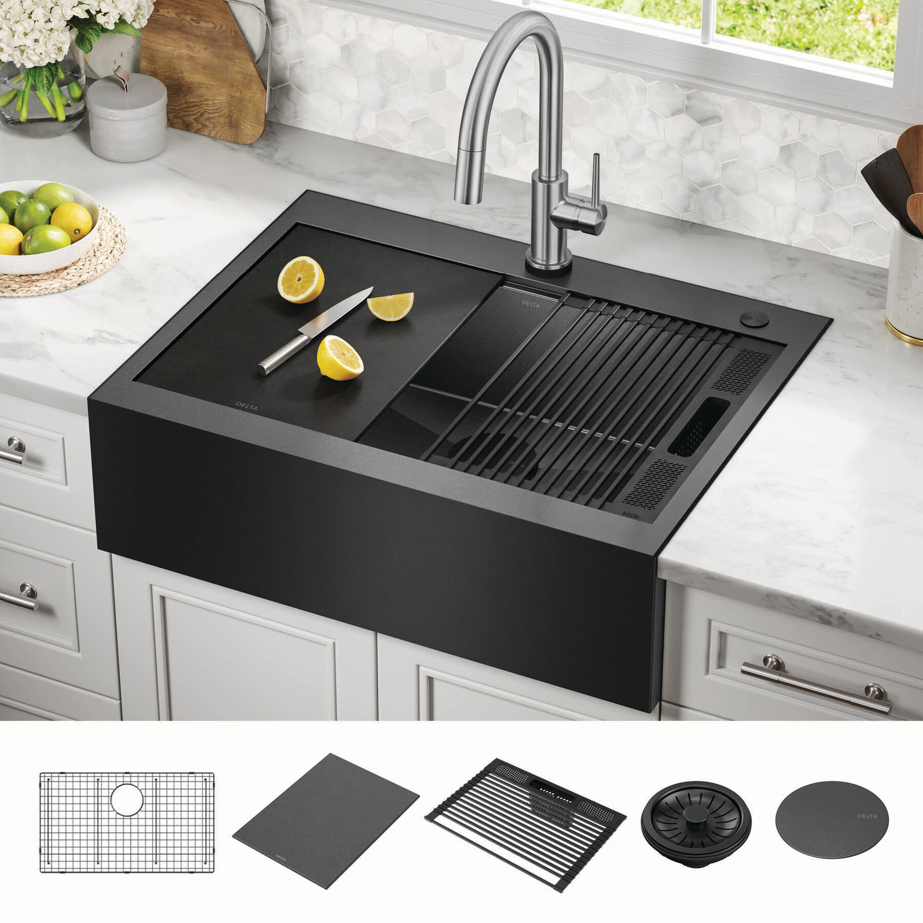 30” Retrofit Farmhouse Apron Front 16 Gauge Workstation Kitchen Sink Single Bowl in with WorkFlow™ Ledge and Accessories for Top Mount Drop-In Installation, image 11