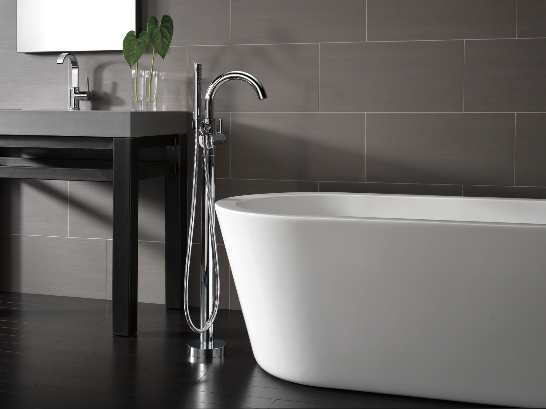 Single Handle Floor Mount Tub Filler Trim with Hand Shower, image 10