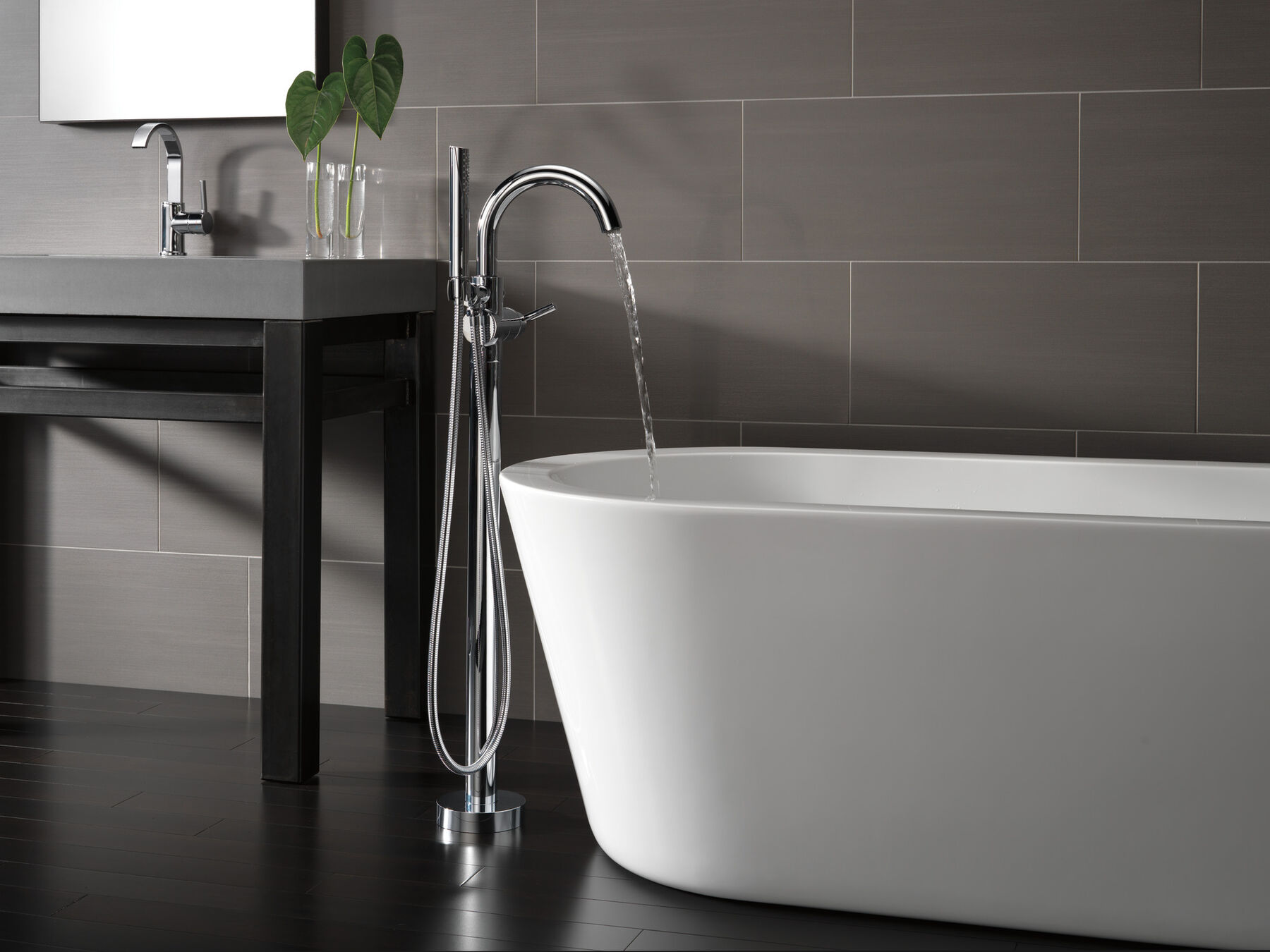 Single Handle Floor Mount Tub Filler Trim with Hand Shower, image 8