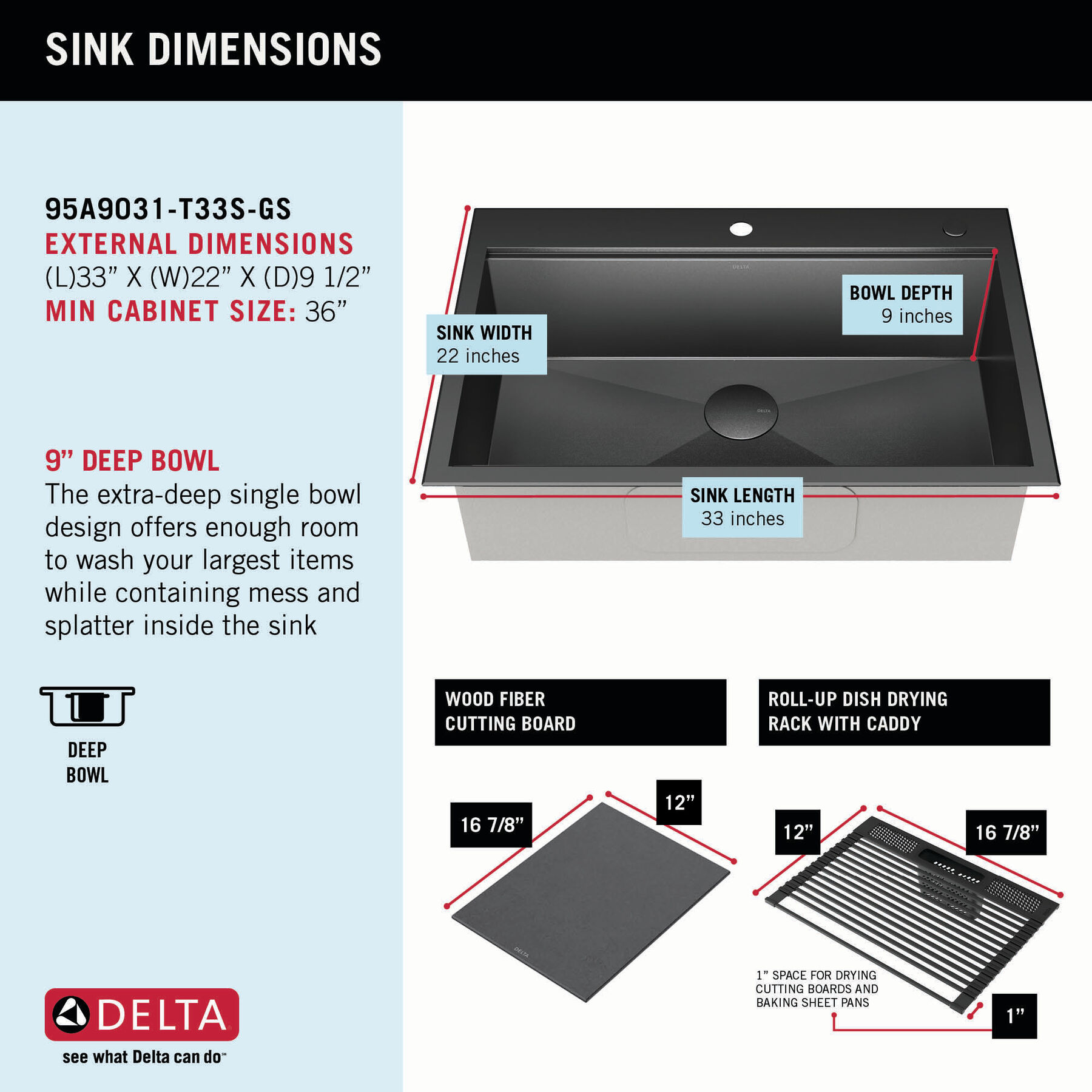 33” Drop-In Top Mount 16 Gauge Workstation Kitchen Sink Single Bowl with WorkFlow™ Ledge and Accessories, image 8