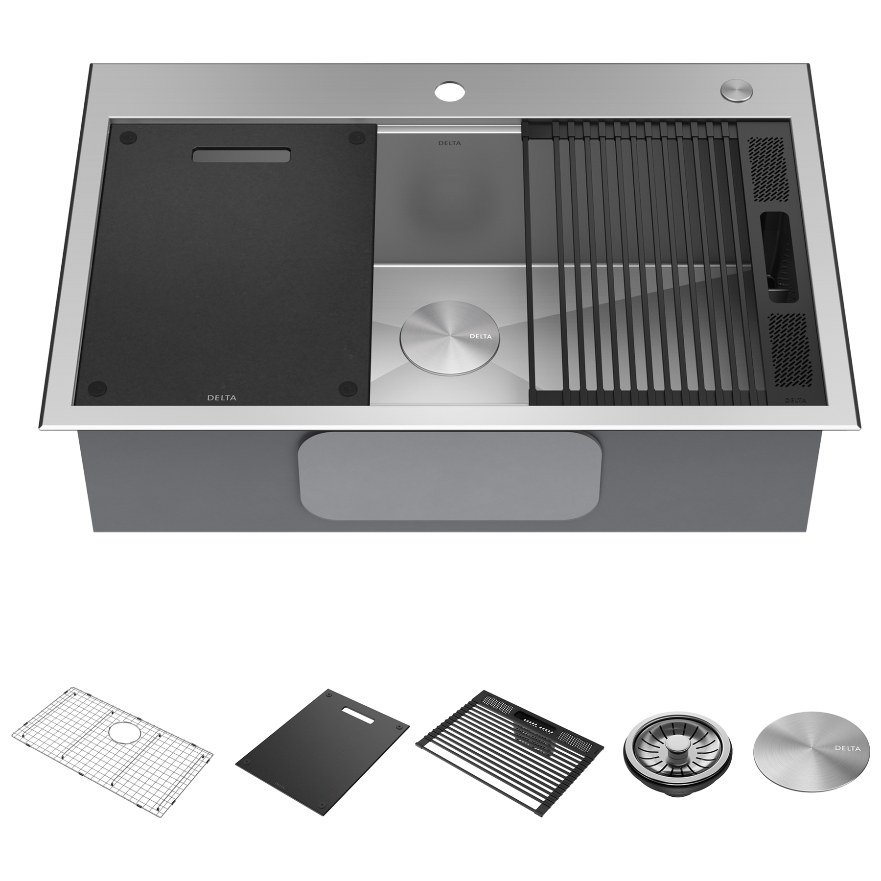 33” Workstation Kitchen Sink Drop-In Top Mount 16 Gauge Stainless Steel Single Bowl with WorkFlow™ Ledge and Accessories