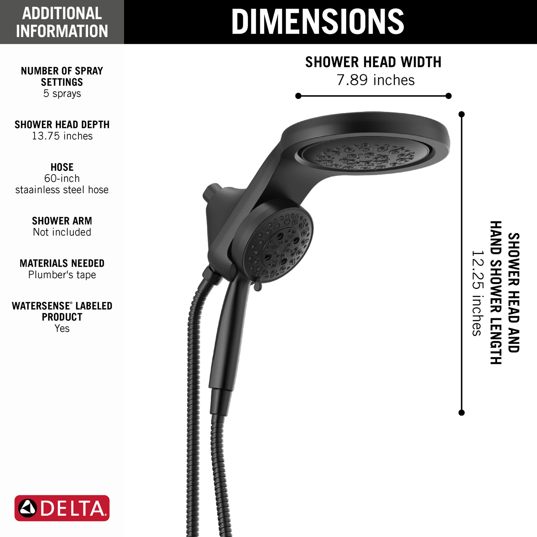 HydroRain® H<sub>2</sub>Okinetic® 5-Setting Two-in-One Shower Head (Recertified), image 6