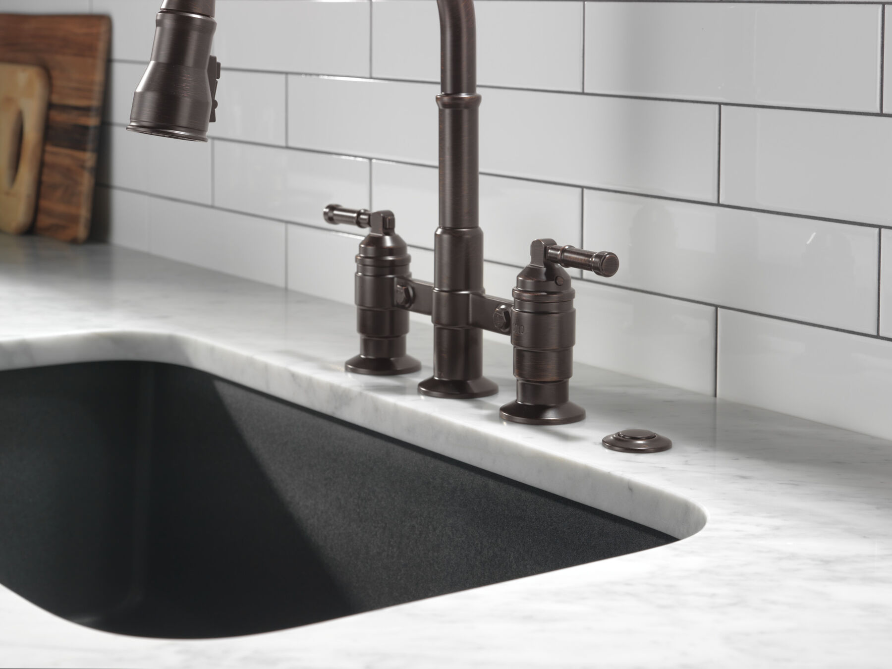 Two Handle Pull-Down Bridge Kitchen Faucet, image 2