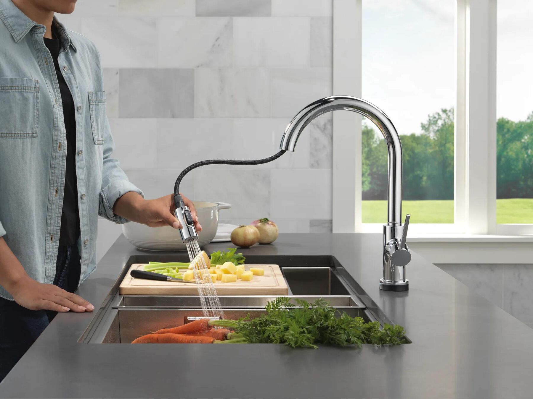 Touch2O with Touchless and VoiceIQ&reg; Technology Single Handle Pull-Down Kitchen Faucet with Soap Dispenser