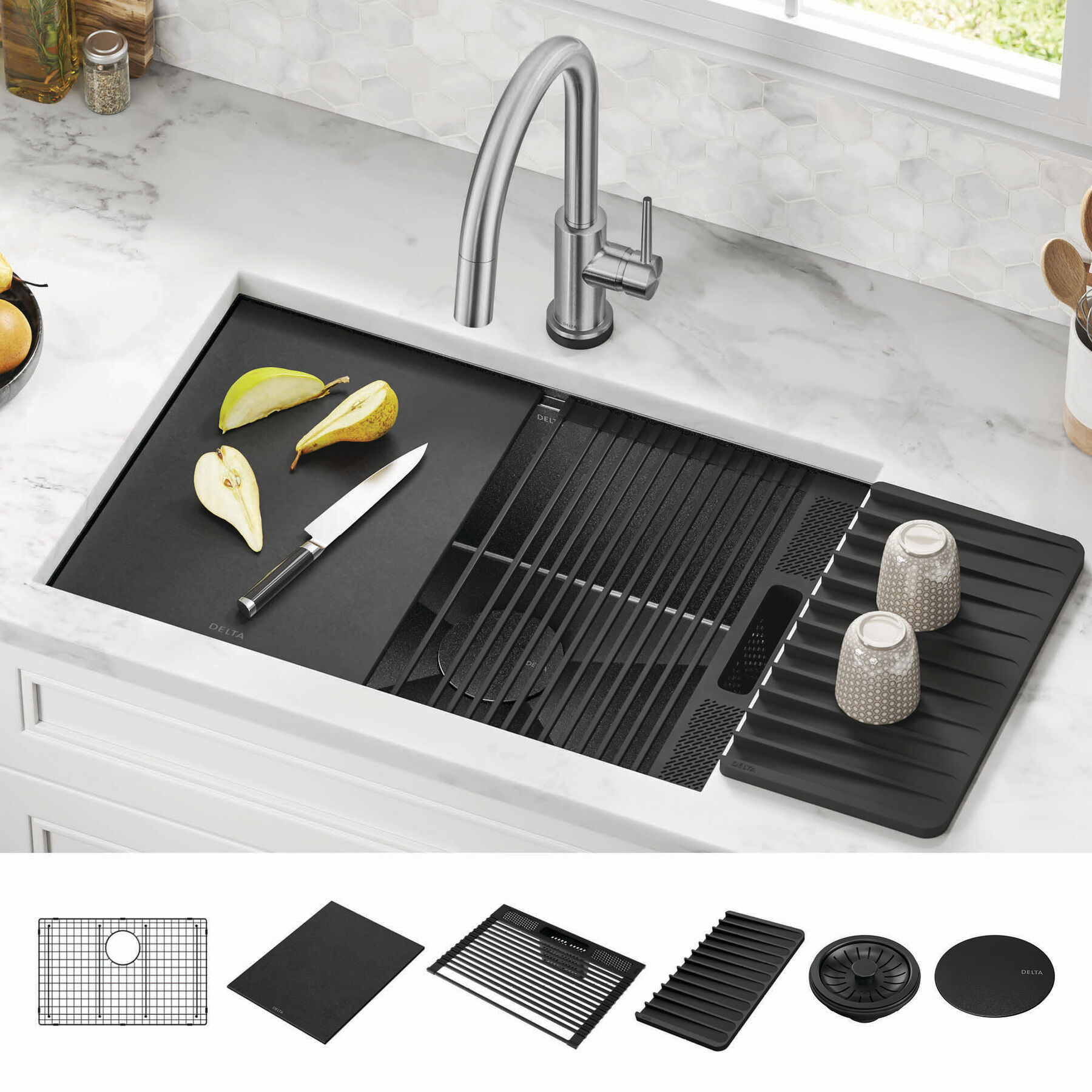 27” Undermount 16 Gauge Workstation Kitchen Sink Single Bowl with WorkFlow™ Ledge and Accessories, image 12