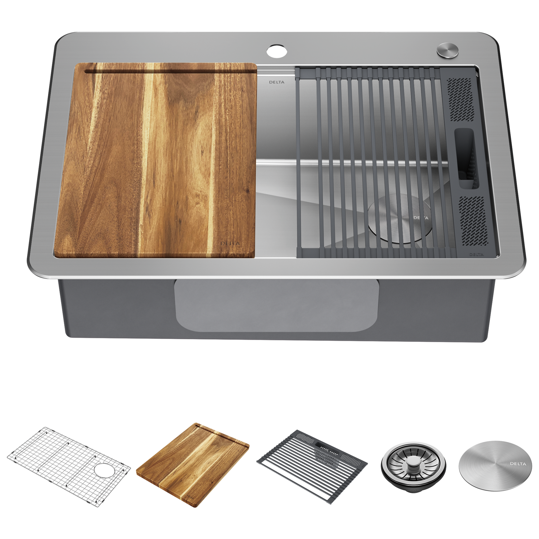 30” Workstation Kitchen Sink Drop-In Top Mount Stainless Steel Single Bowl with WorkFlow™ Ledge and Accessories