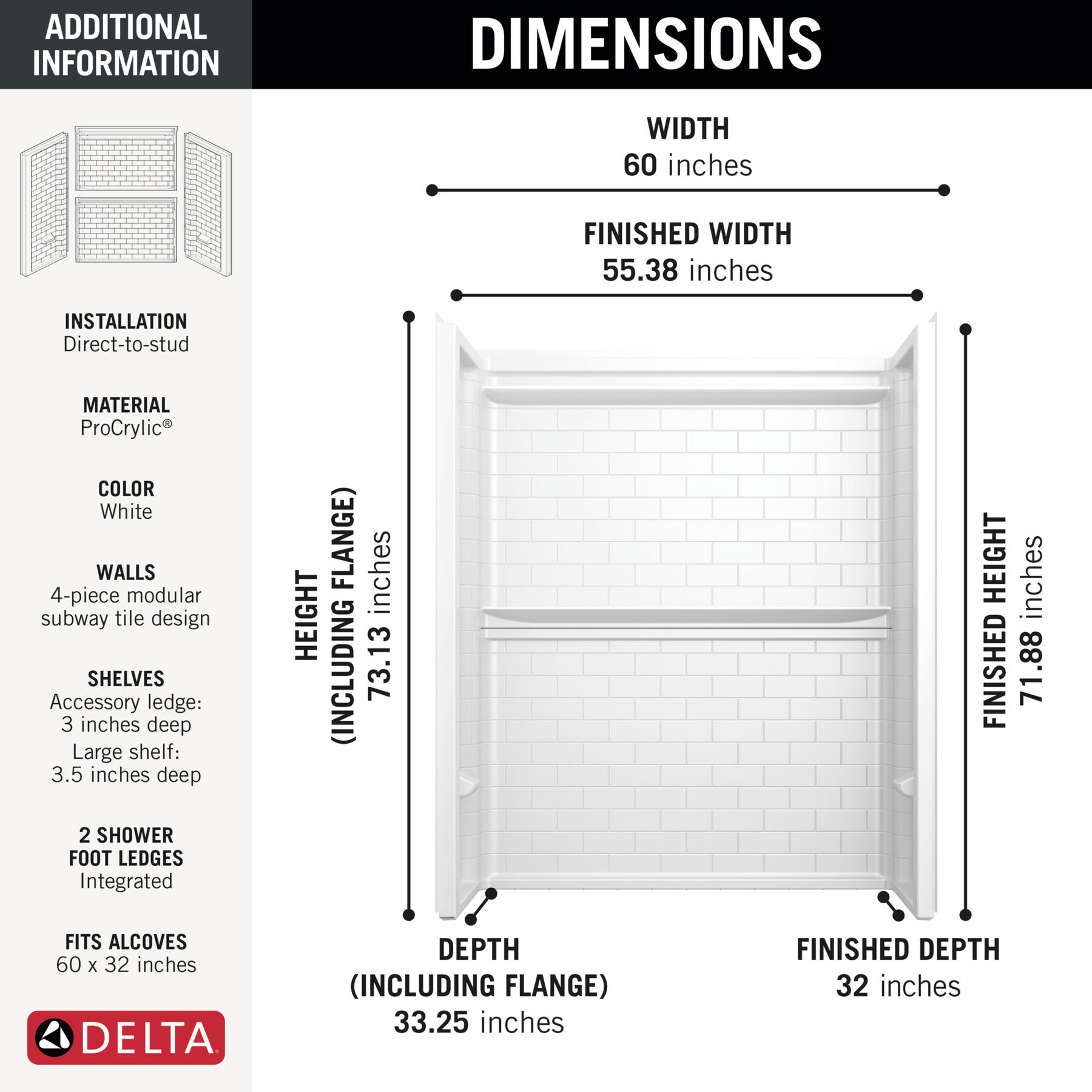 ProCrylic Tile 60 in. x 32 in. Shower Wall