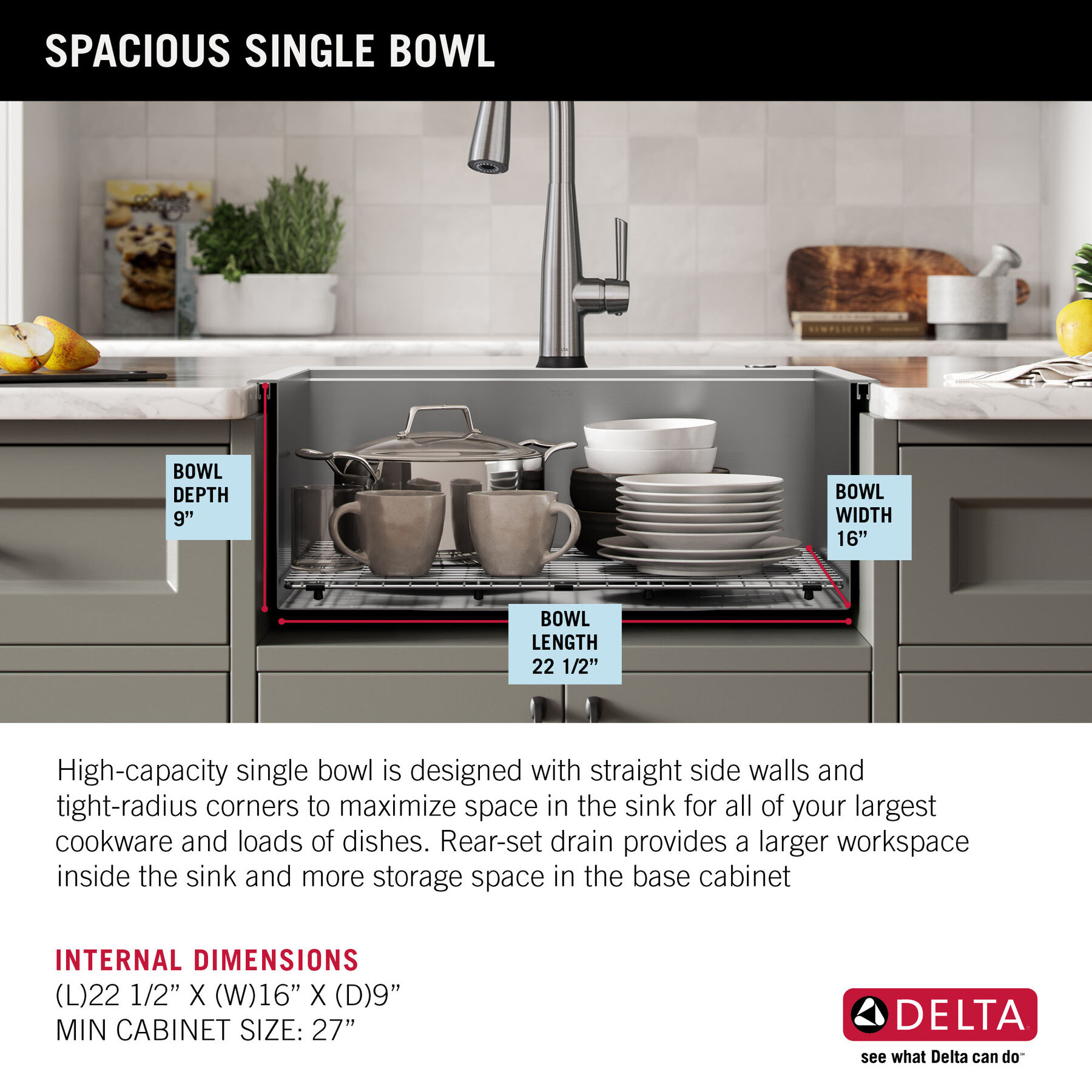 25” Workstation Kitchen Sink Drop-In Top Mount 16 Gauge Stainless Steel Single Bowl with WorkFlow™ Ledge and Accessories, image 3