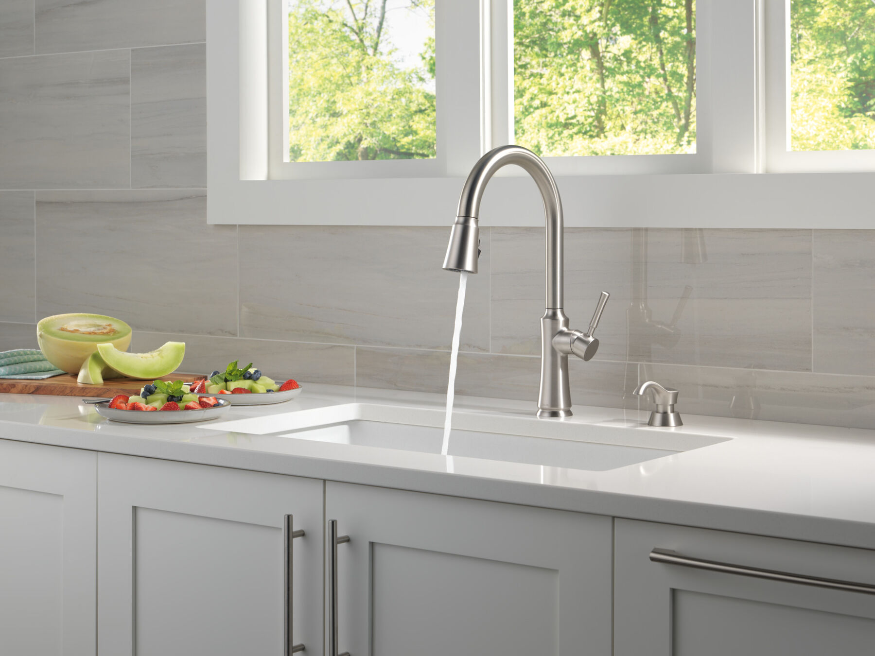 Single Handle Pull-Down Kitchen Faucet with Soap Dispenser and ShieldSpray Technology, image 8